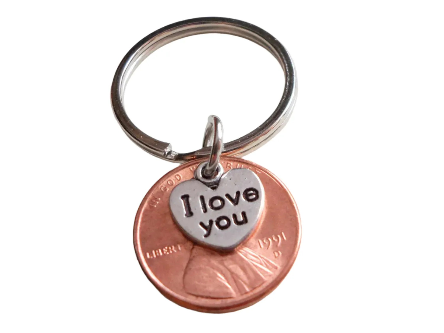 I Love You Heart Charm Layered Over 1991 Penny Keychain; 34 Year Anniversary Gift, Couples Keychain
