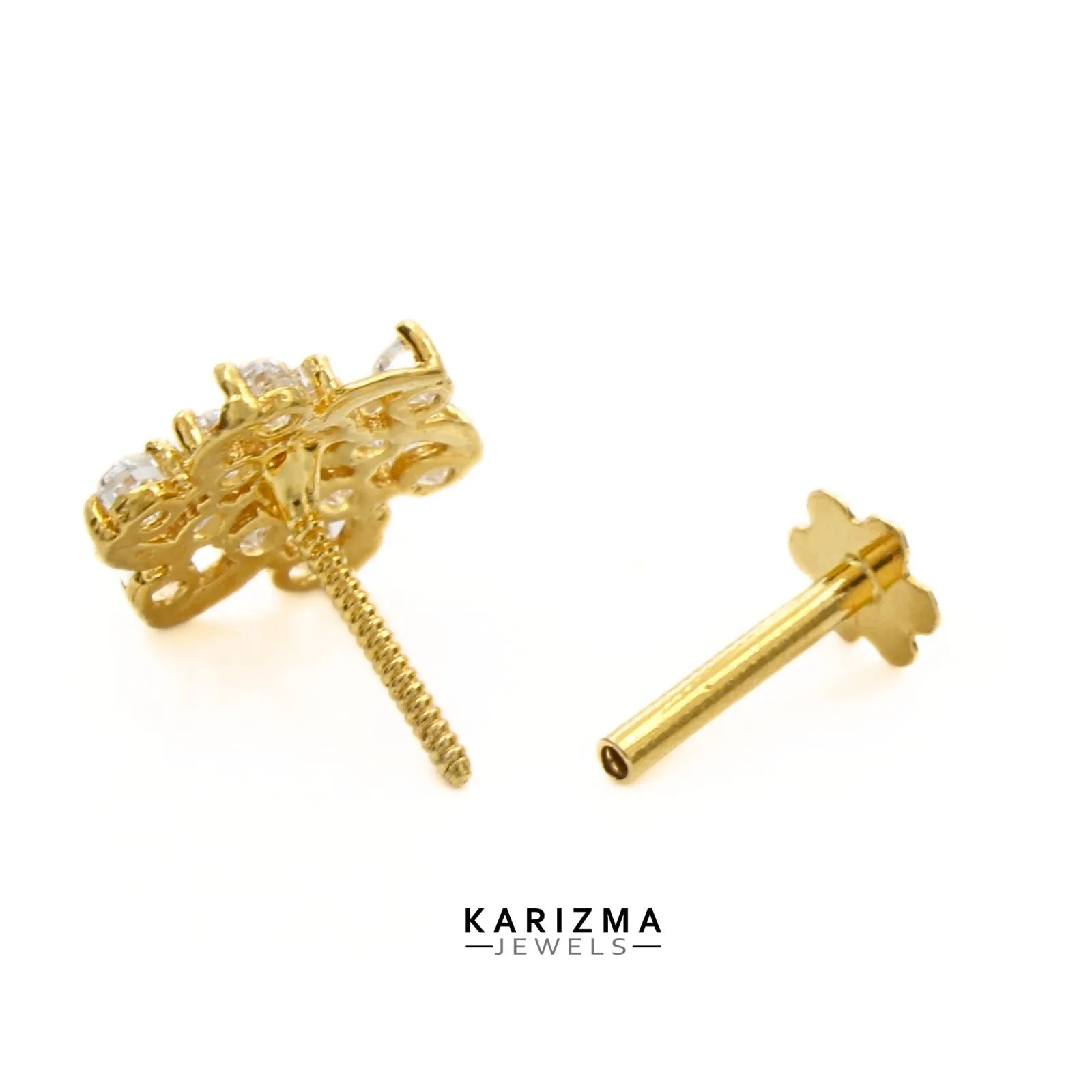 Indian Floral Style 18K Real Gold women White CZ Nose stud nose ring Gold Screw Back