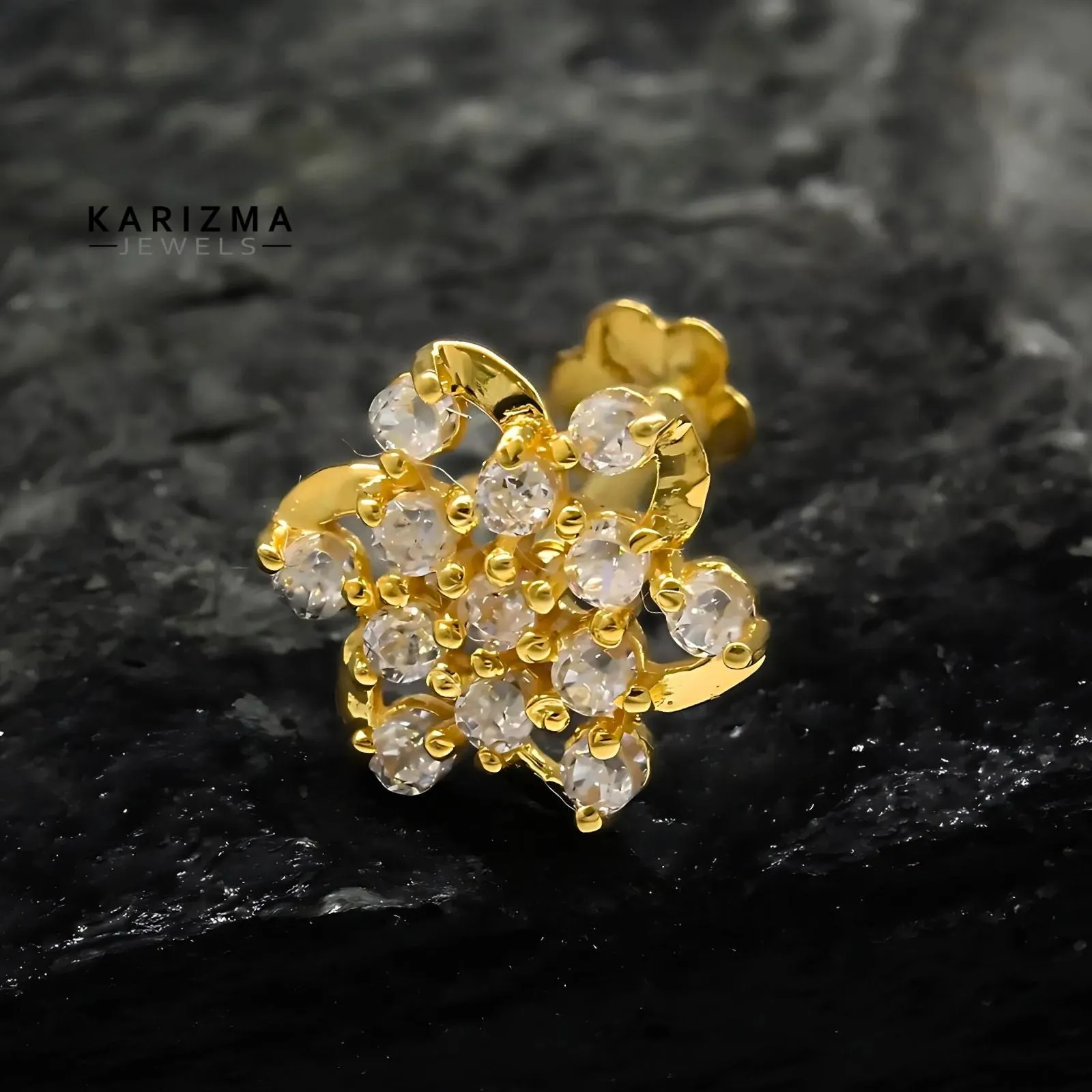 Indian Floral Style 18K Real Gold women White CZ Nose stud nose ring Gold Screw Back