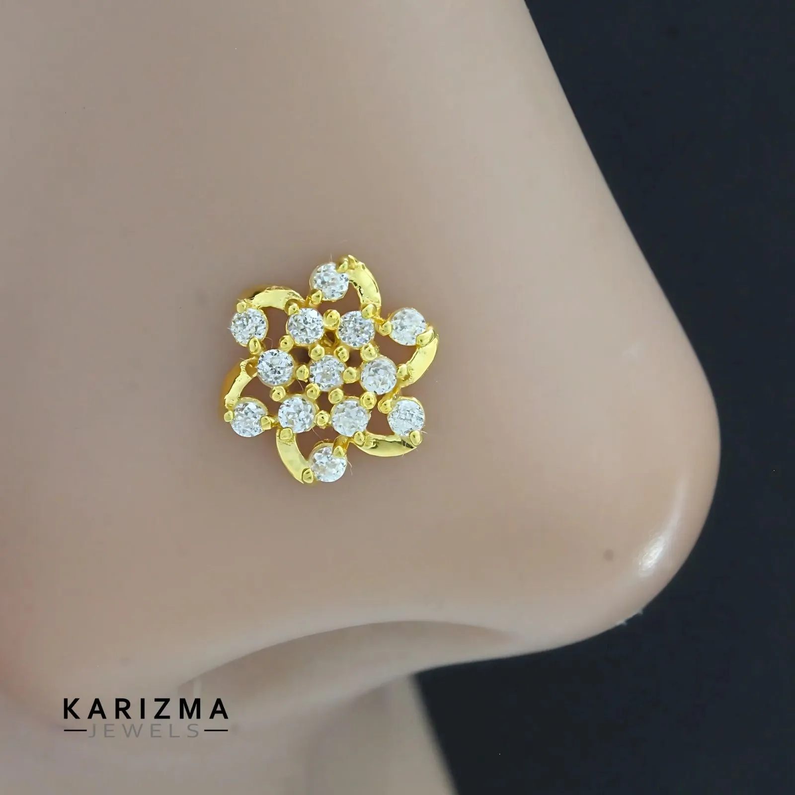 Indian Floral Style 18K Real Gold women White CZ Nose stud nose ring Gold Screw Back
