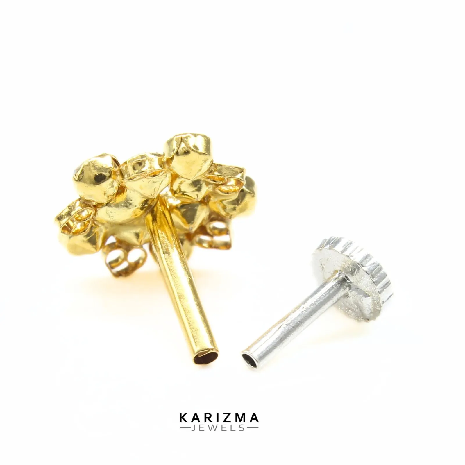 Indian style 14K Real Gold Women White CZ Nose stud nose ring Push Pin