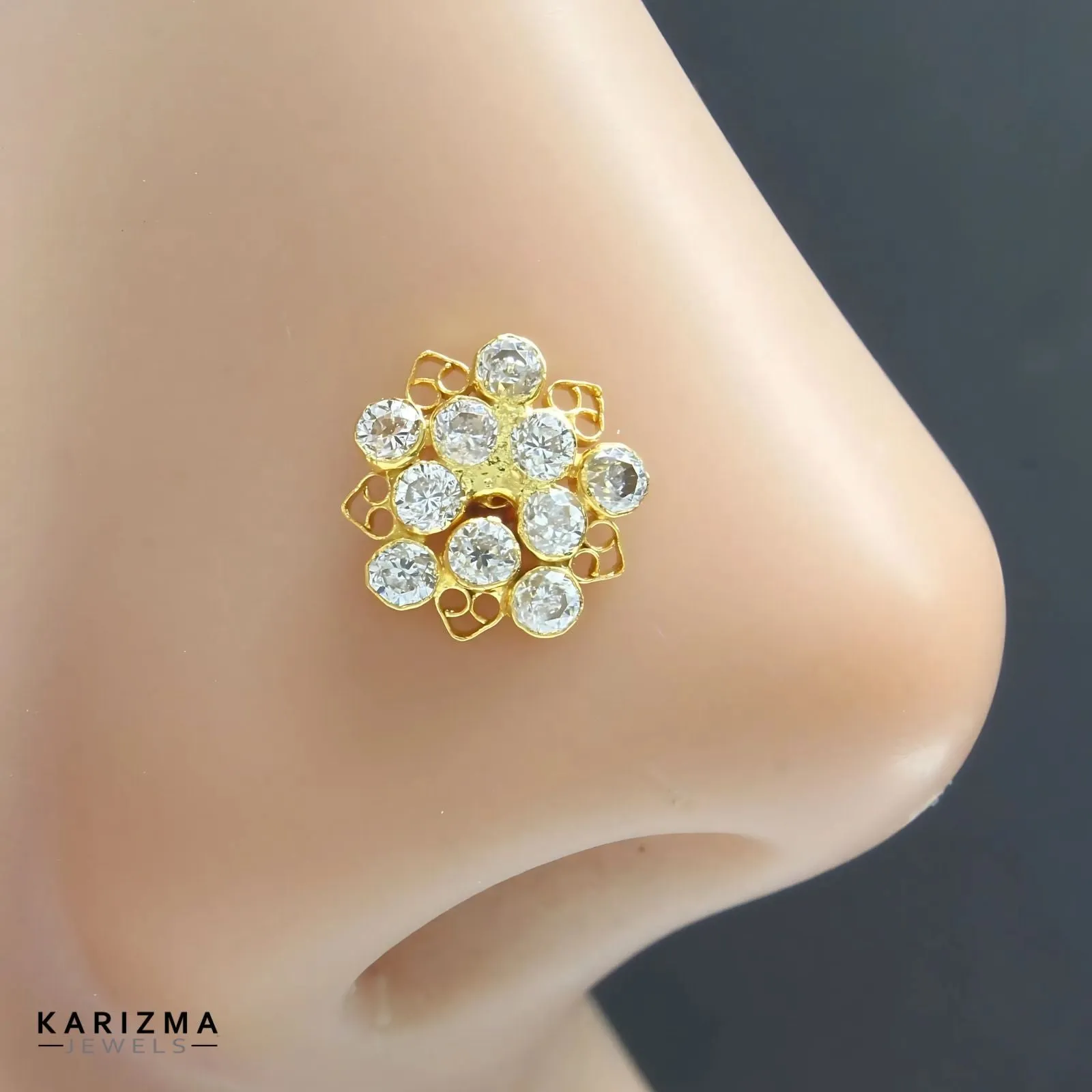Indian style 14K Real Gold Women White CZ Nose stud nose ring Push Pin