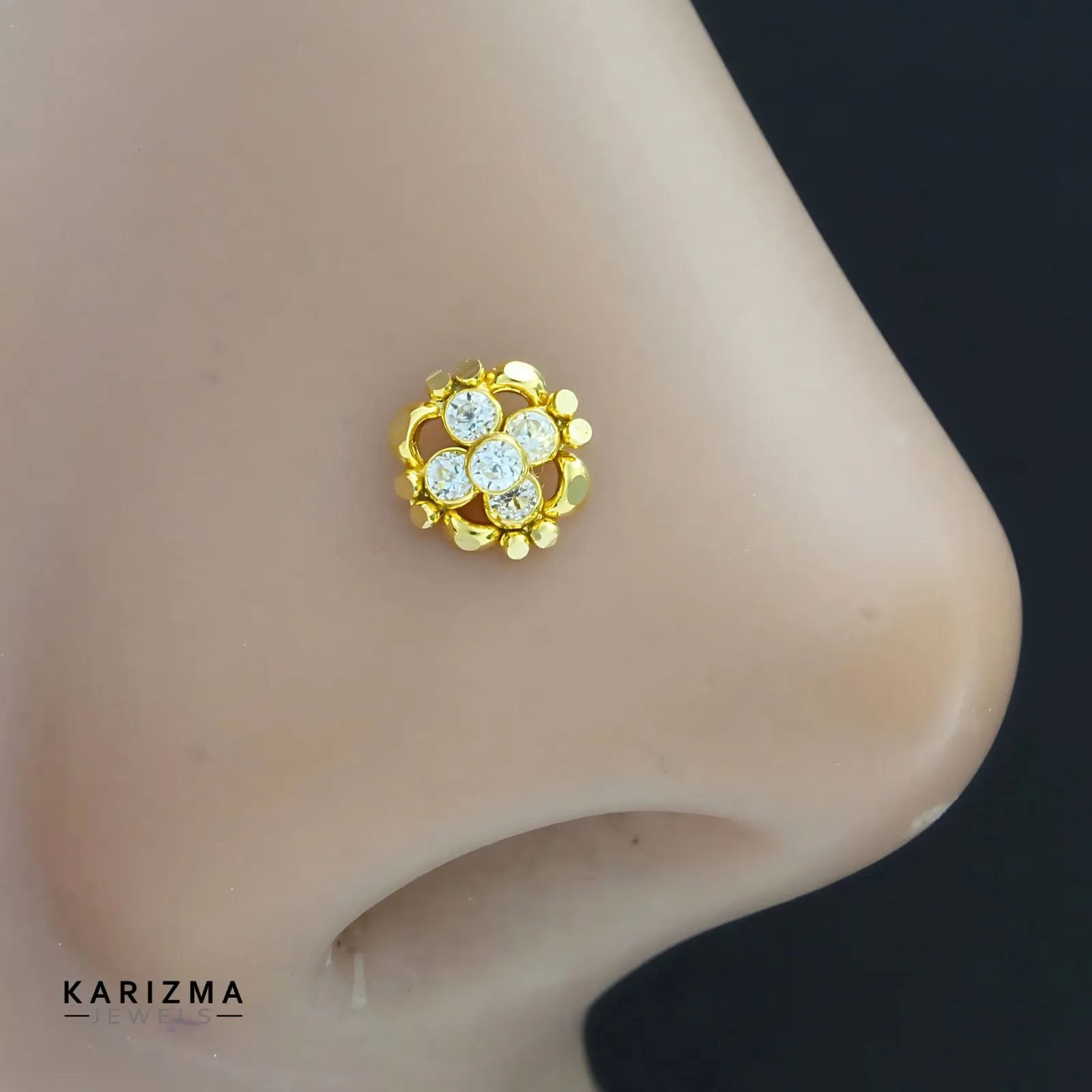 Indian Style 18K Real Gold women White CZ cultural design Nose stud nose ring Push Pin
