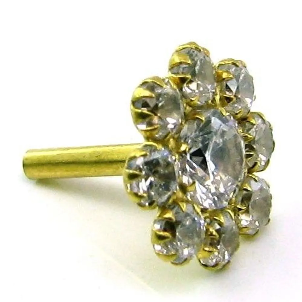 Indian Style CZ Studded Body Piercing Jewelry Nose Stud Pin Solid Real 14k Yellow Gold