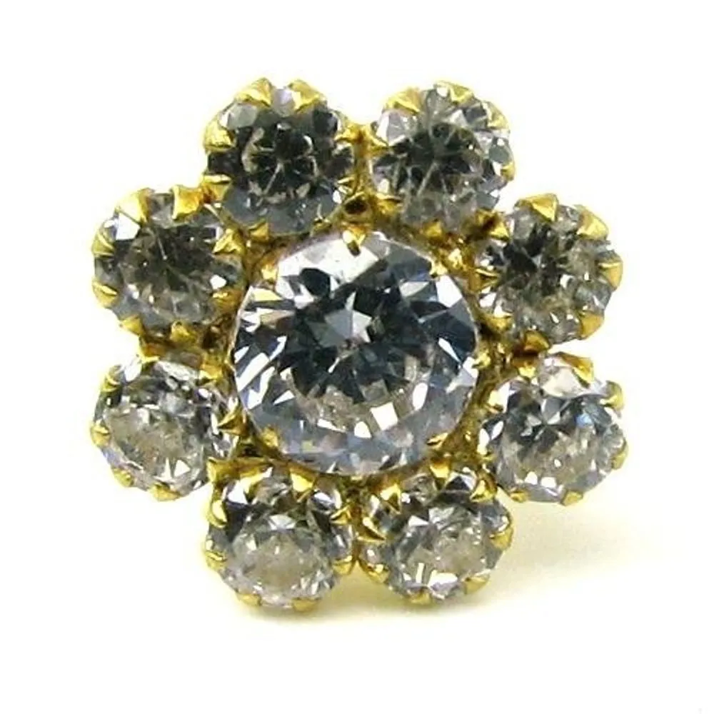 Indian Style CZ Studded Body Piercing Jewelry Nose Stud Pin Solid Real 14k Yellow Gold