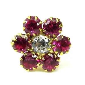 Indian Style Floral CZ Studded Body Piercing Jewelry Nose Stud Pin Solid Real 14k Yellow Gold