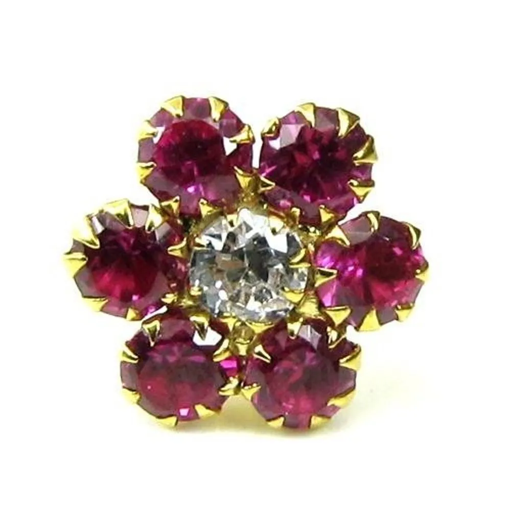 Indian Style Floral CZ Studded Body Piercing Jewelry Nose Stud Pin Solid Real 14k Yellow Gold