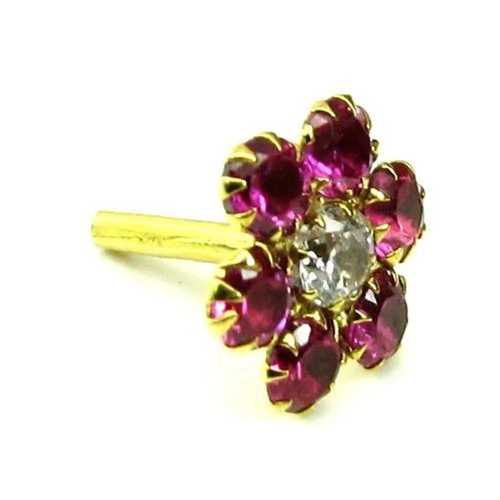 Indian Style Floral CZ Studded Body Piercing Jewelry Nose Stud Pin Solid Real 14k Yellow Gold