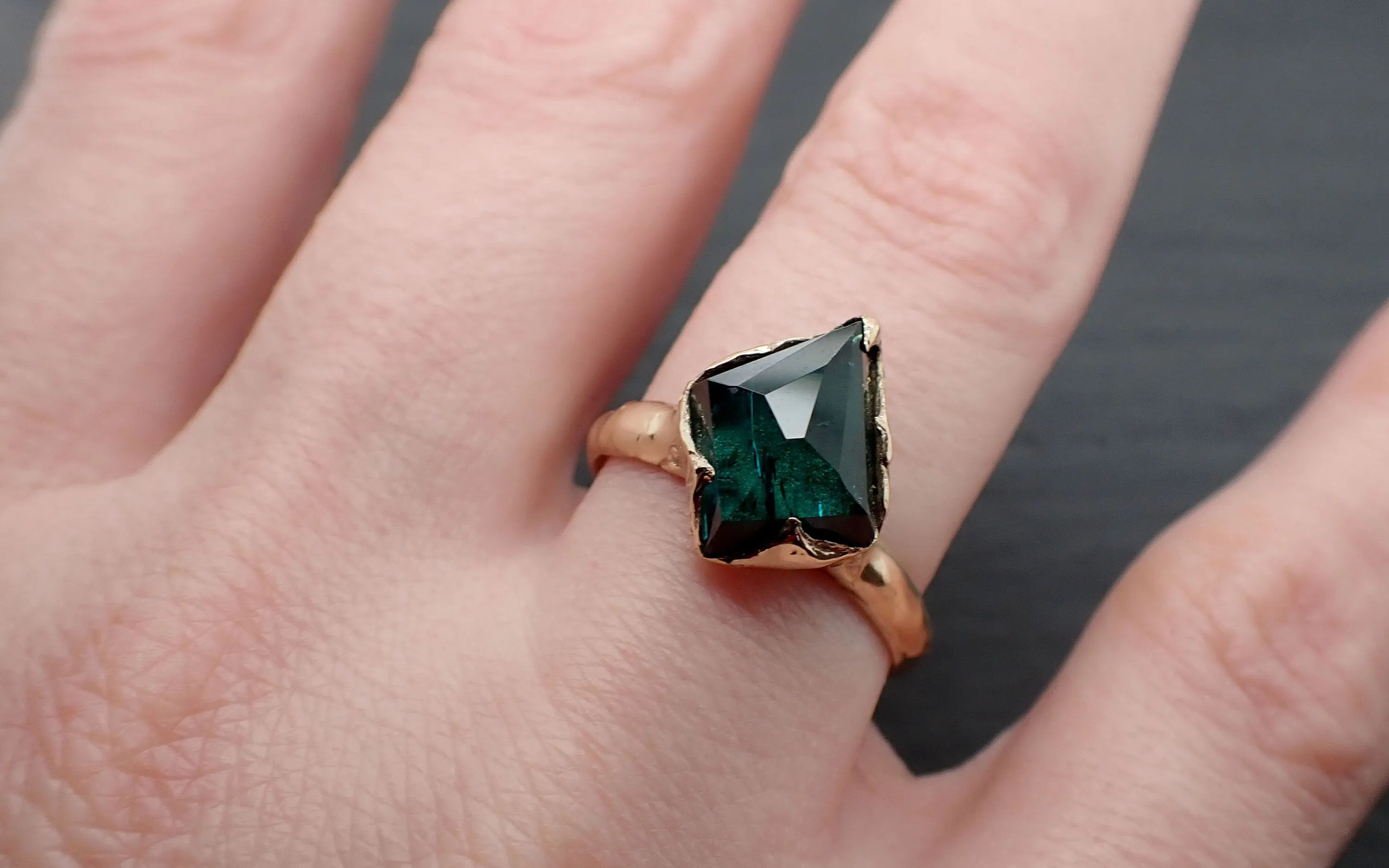 indicolite teal tourmaline yellow 14k gold ring partially faceted gemstone statement byangeline 3388 Alternative Engagement