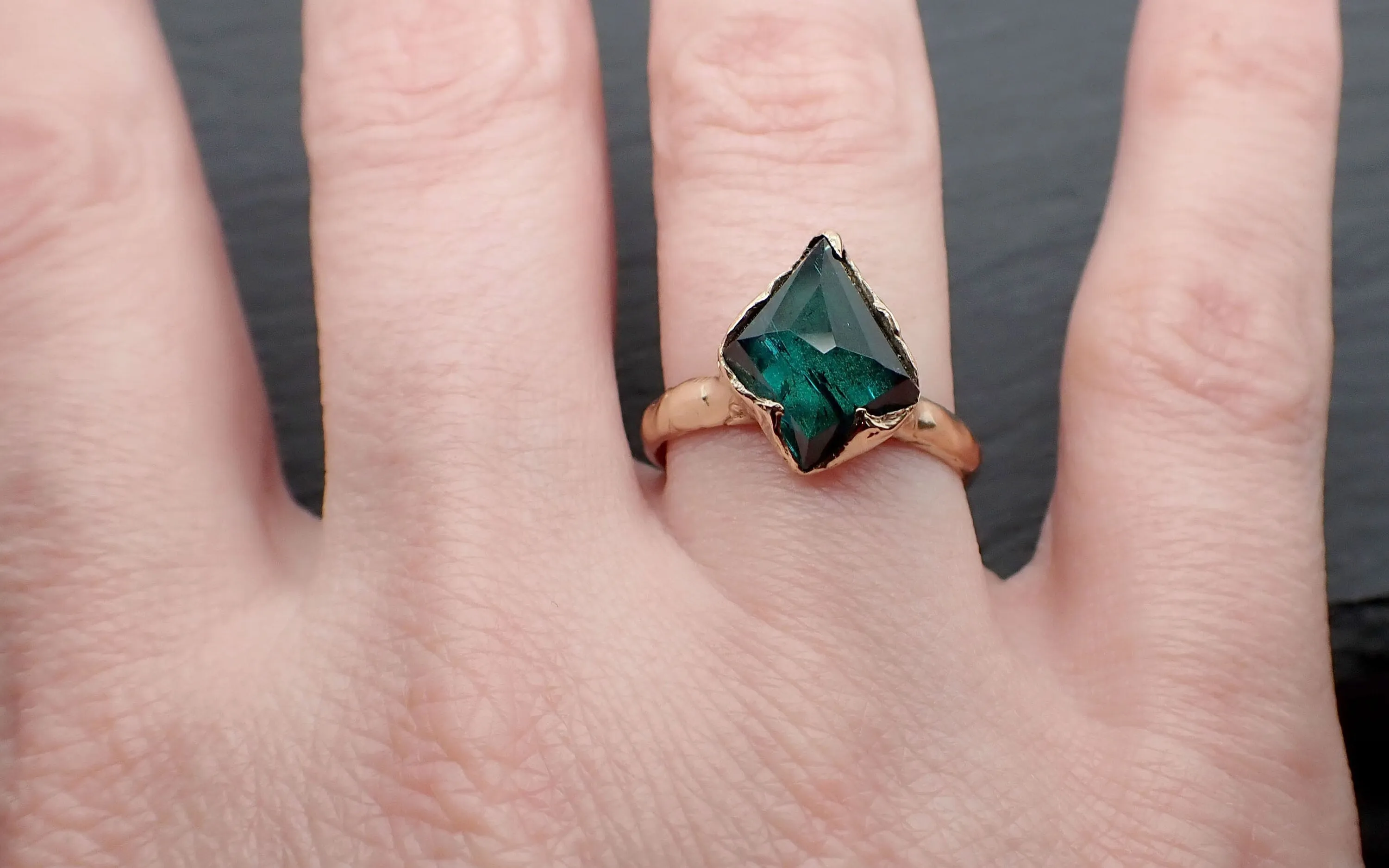 indicolite teal tourmaline yellow 14k gold ring partially faceted gemstone statement byangeline 3388 Alternative Engagement