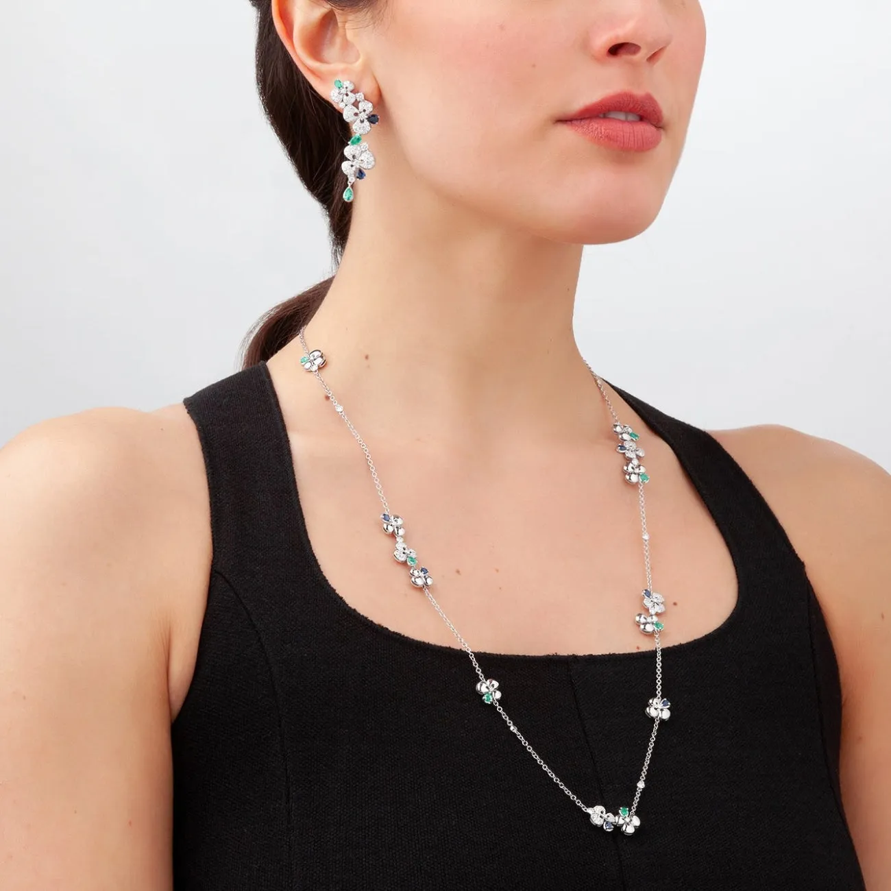 Ischia 18K White Gold Sapphires & Emeralds Diamond Pavé Long Necklace