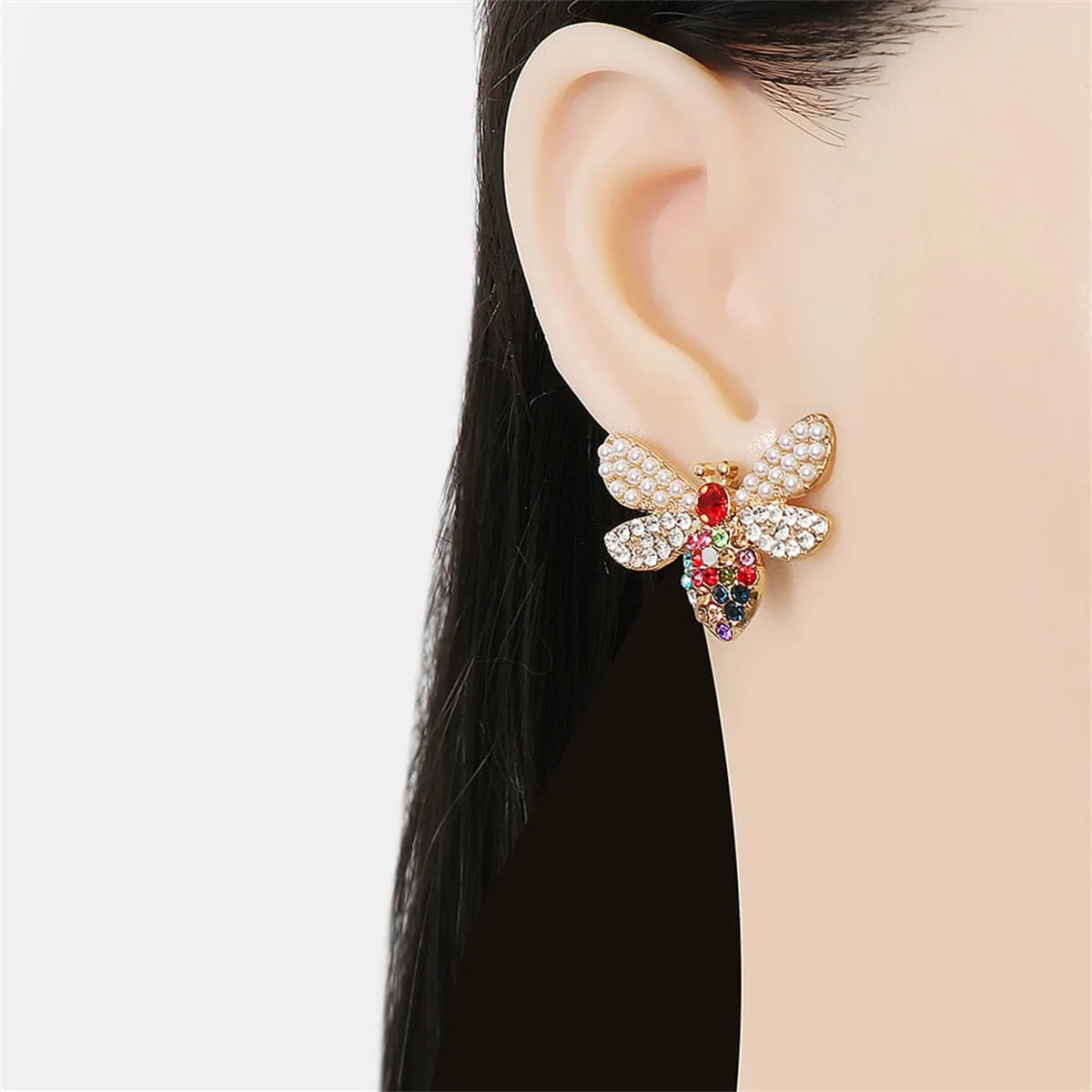 Jewel-Tone Cubic Zirconia & Pearl Bee Stud Earrings