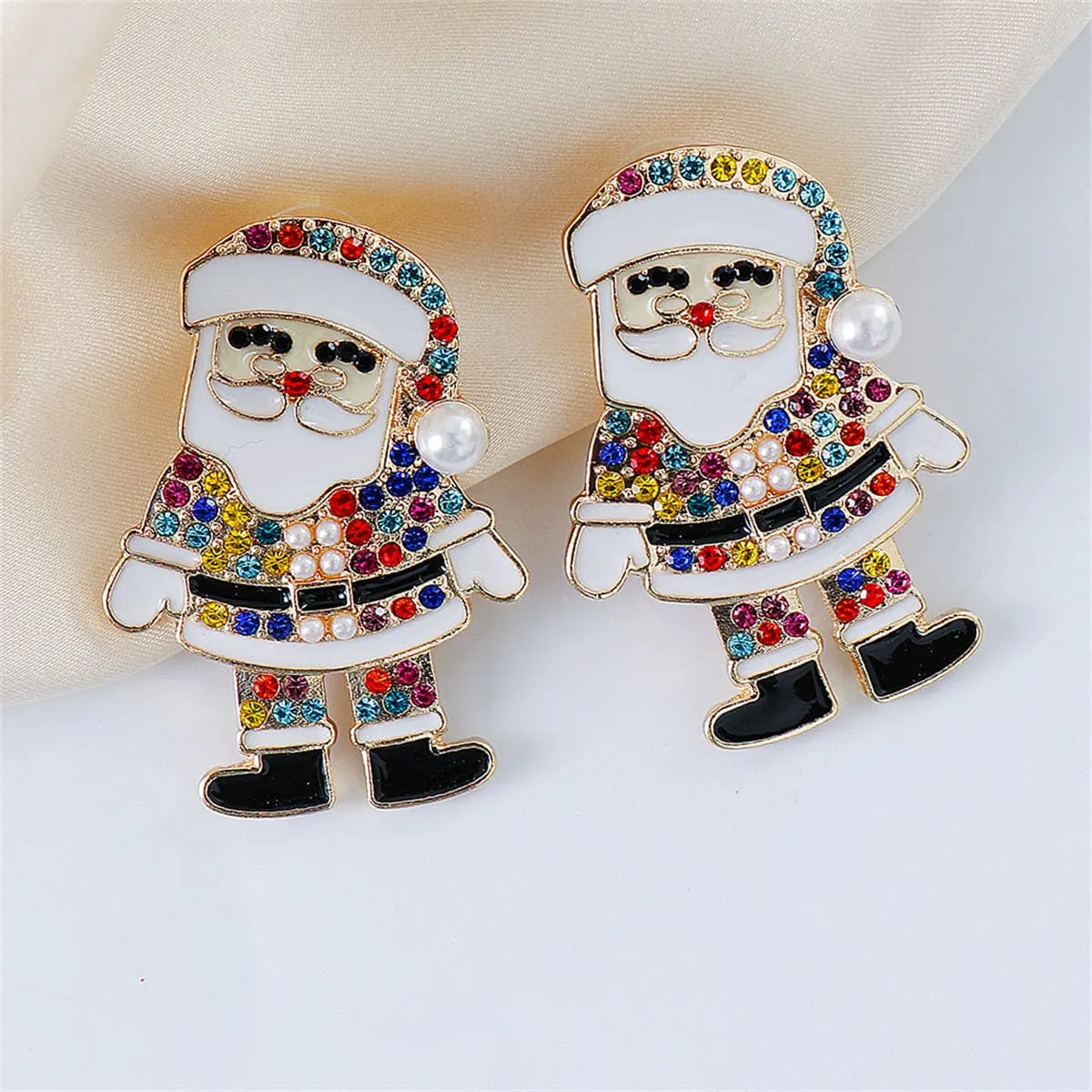 Jewel-Tone Cubic Zirconia & Pearl Santa Stud Earrings