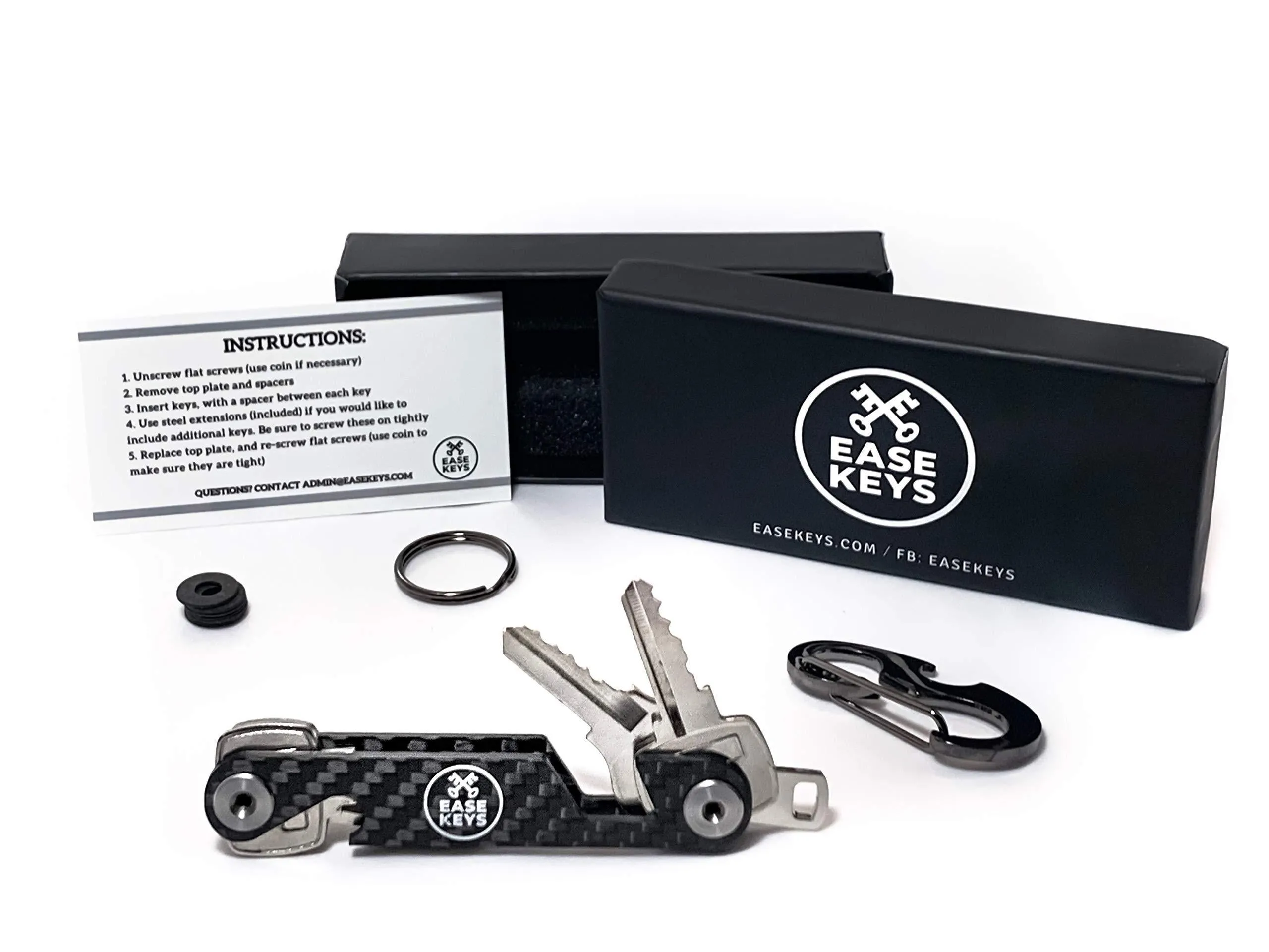 Key Organizer Keychain Holds 18 House Keys Plus a Carabiner for car Keys - Includes Bottle Opener and Phone Stand - Carbon Fiber and Steel - by Ease Keys
