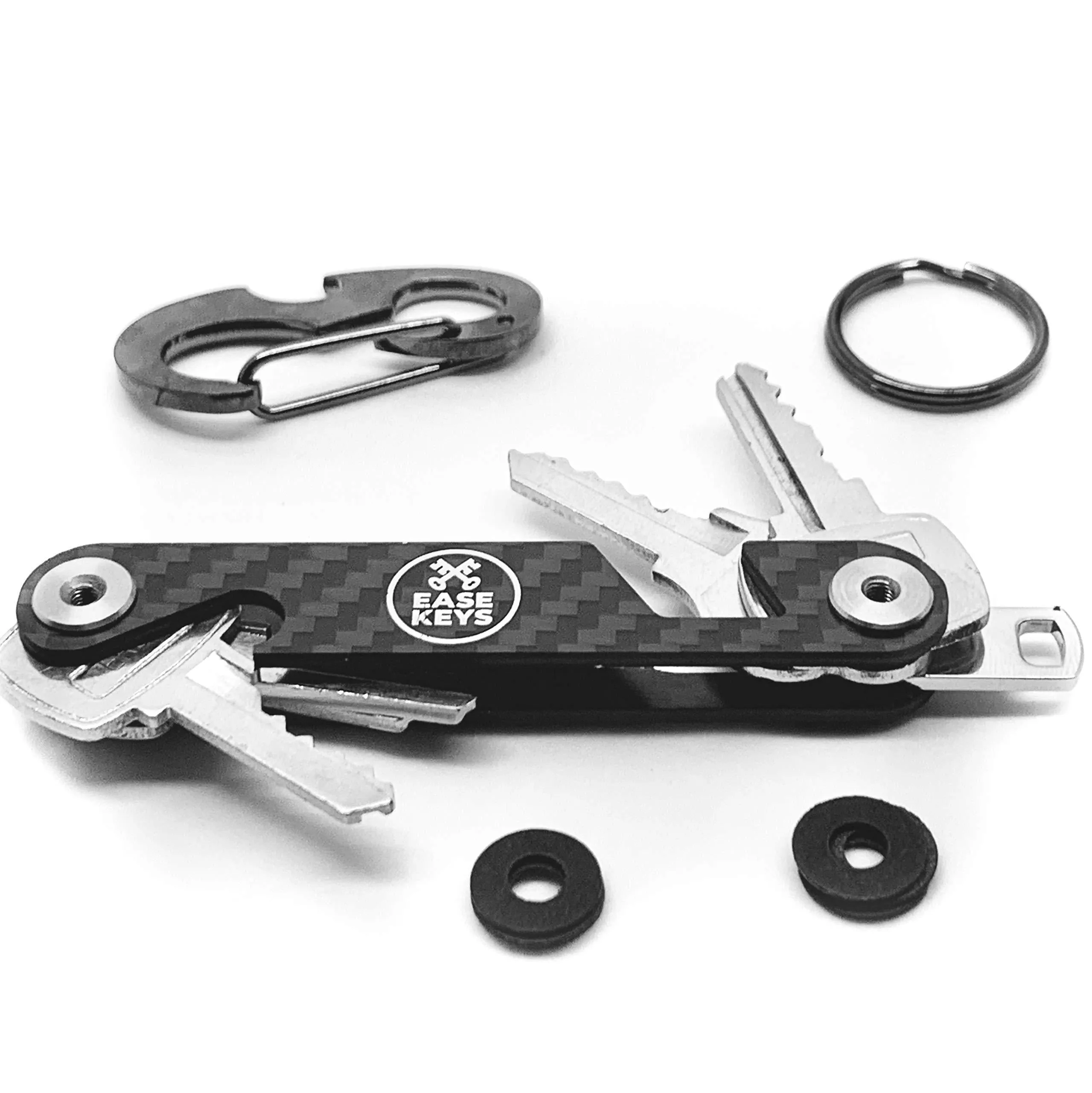 Key Organizer Keychain Holds 18 House Keys Plus a Carabiner for car Keys - Includes Bottle Opener and Phone Stand - Carbon Fiber and Steel - by Ease Keys