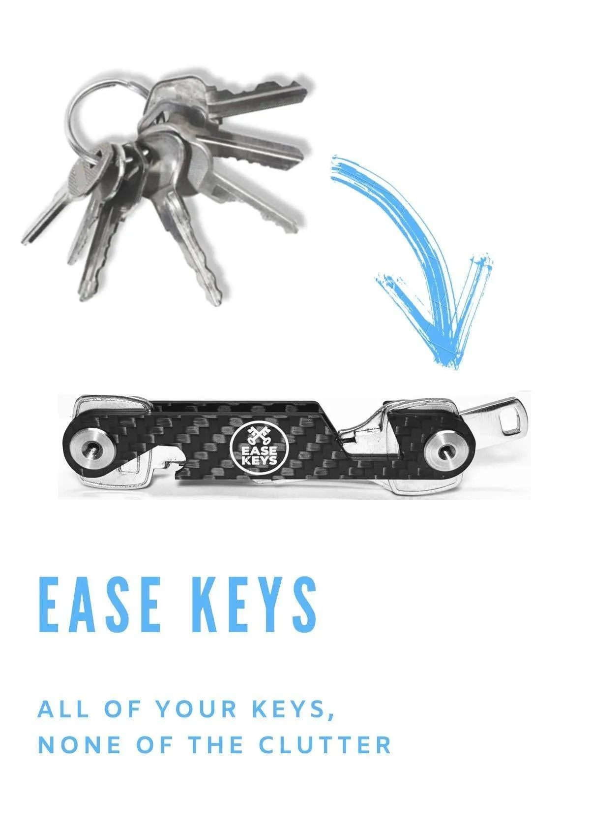 Key Organizer Keychain Holds 18 House Keys Plus a Carabiner for car Keys - Includes Bottle Opener and Phone Stand - Carbon Fiber and Steel - by Ease Keys