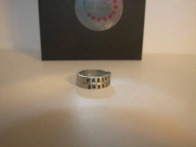 Kids name pewter stacking ring for mom, Custom personalized hand stamped jewelry stacking rings, Thin name stacking ring gift for mom