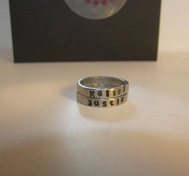 Kids name pewter stacking ring for mom, Custom personalized hand stamped jewelry stacking rings, Thin name stacking ring gift for mom