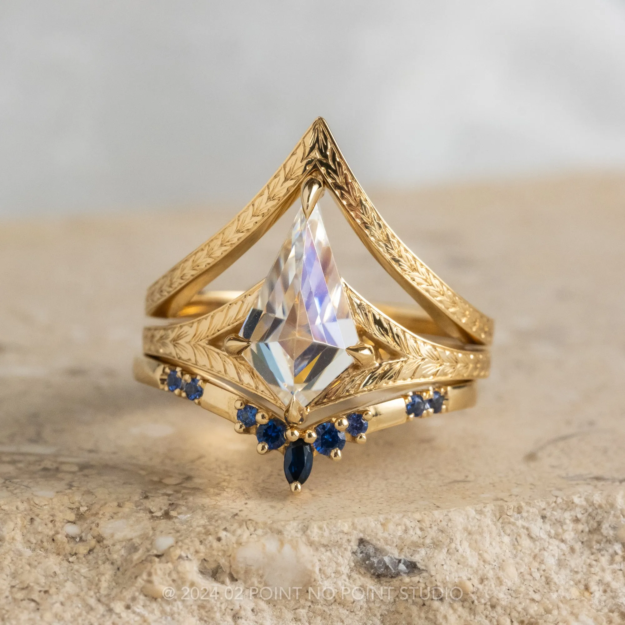 Kite Moissanite Engagement Ring, Split Shank Engraved Jane Setting, 14K Yellow Gold