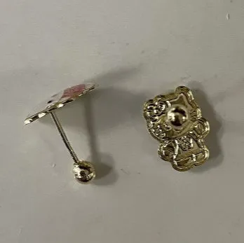 Kitty Cat Stud Earrings 14K Solid Yellow Gold With Safety Backing