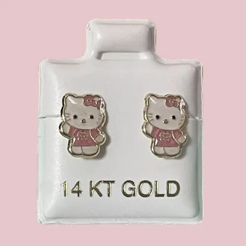 Kitty Cat Stud Earrings 14K Solid Yellow Gold With Safety Backing