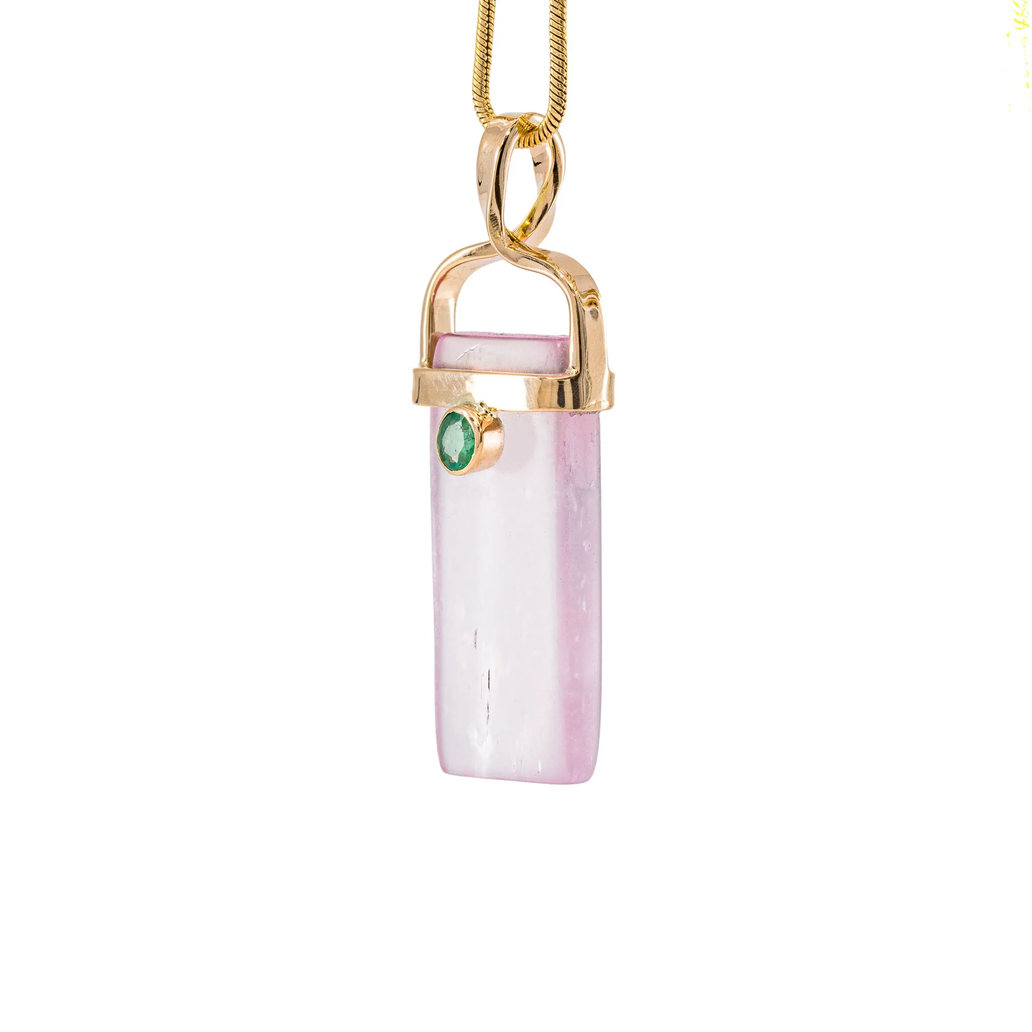 Kunzite & Emerald 15.15 Carat 14k Handcrafted Natural Crystal Pendant