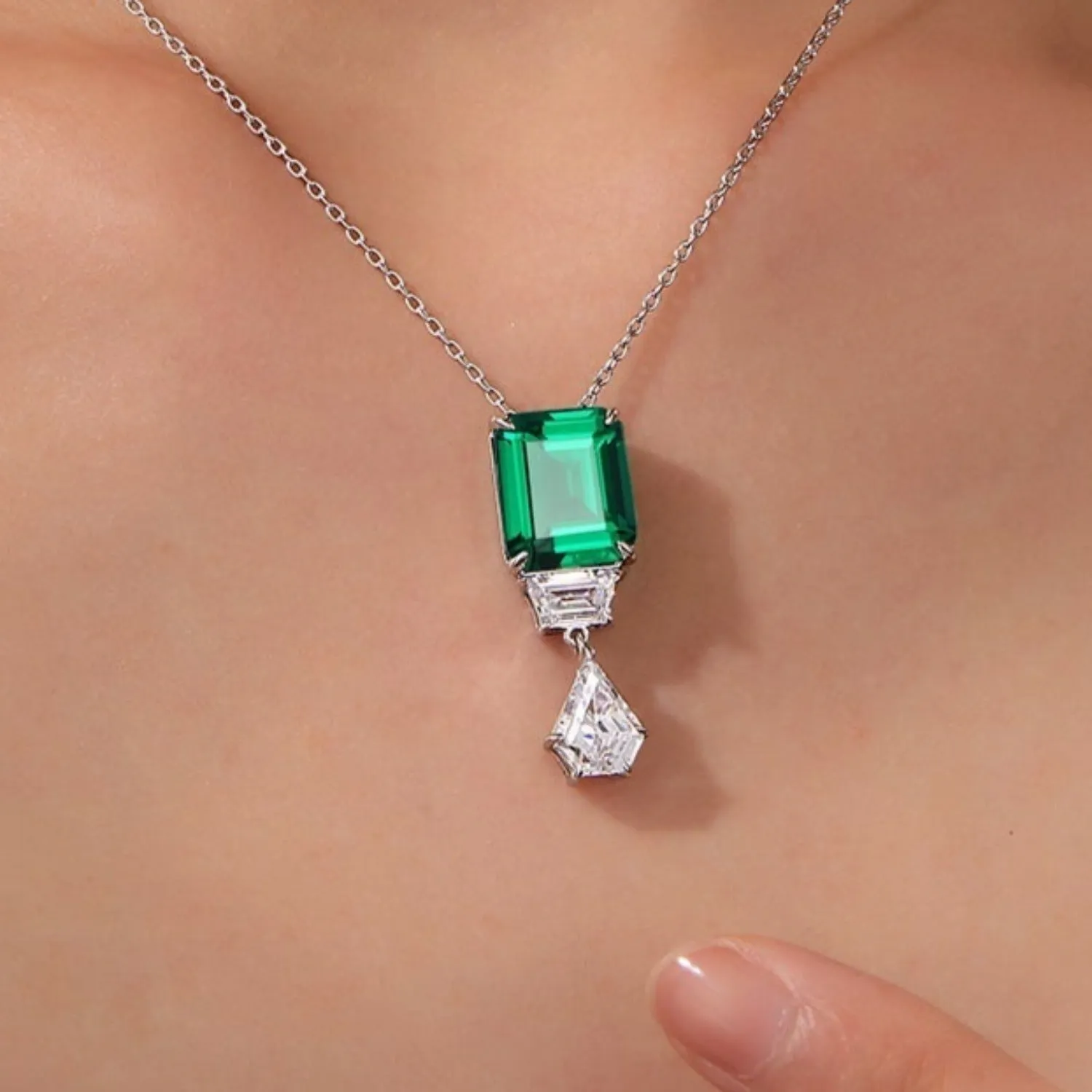 Lafonn Emerald Cut Simulated Emerald and Lassaire Diamond Drop Pendant