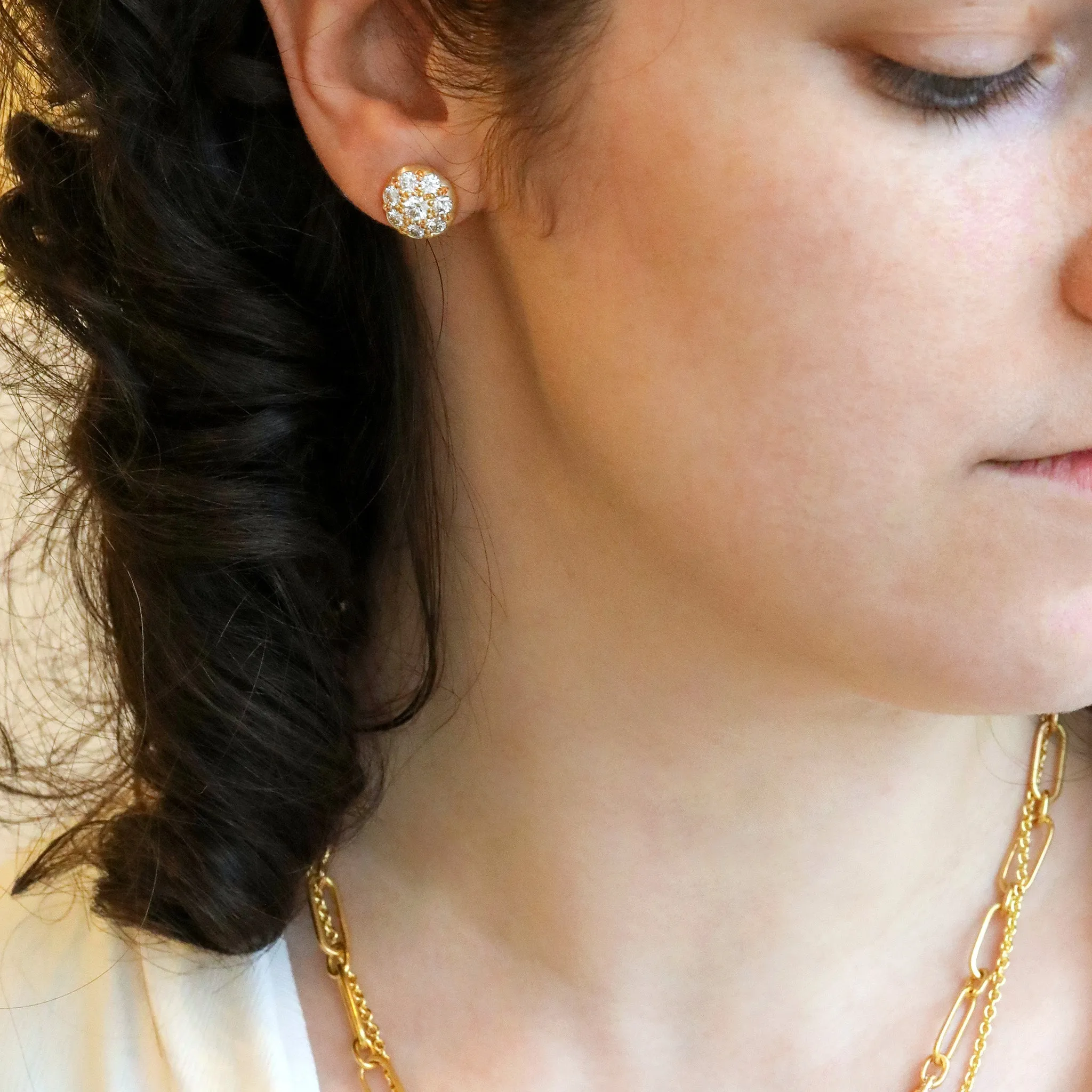 Large 20K Gold & Pave Diamond Lentil Stud Earrings