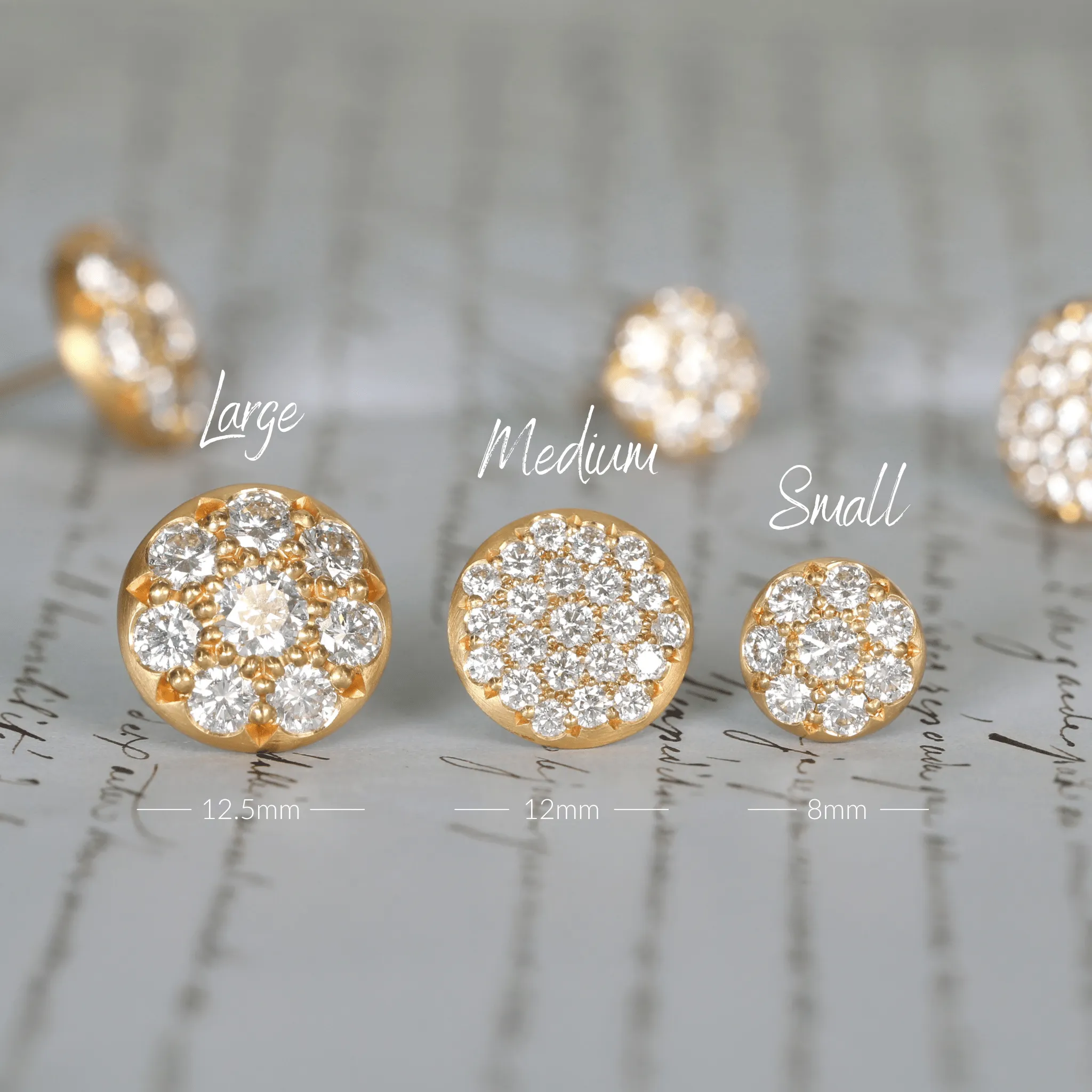 Large 20K Gold & Pave Diamond Lentil Stud Earrings