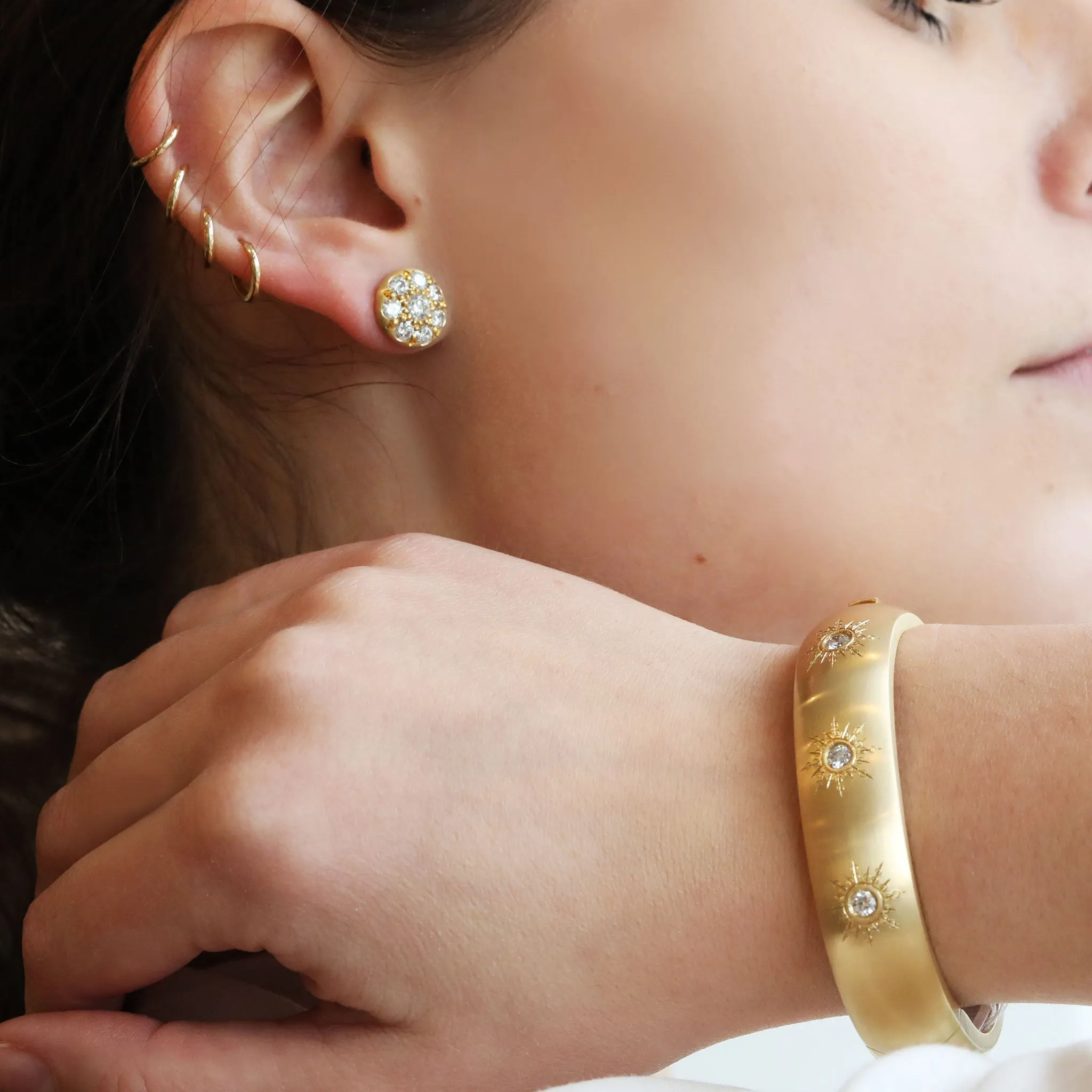 Large 20K Gold & Pave Diamond Lentil Stud Earrings