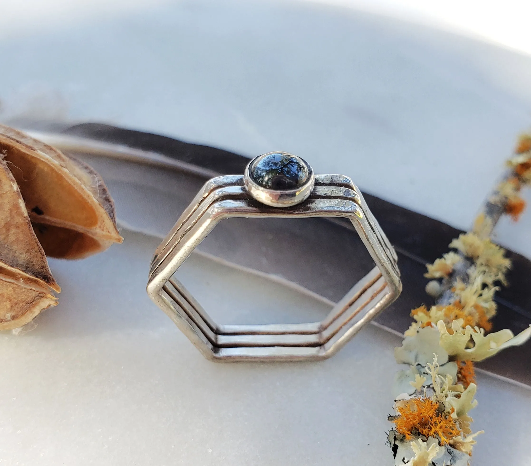 Layered Hexagonal Ring with Gemstone