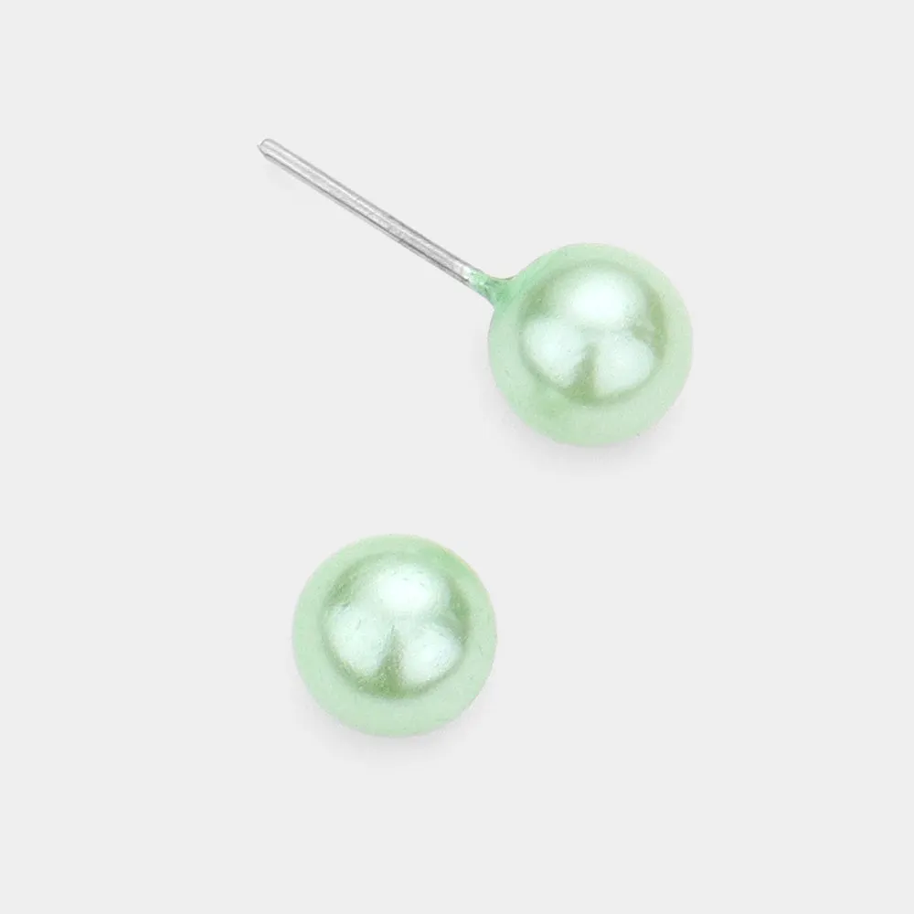 Little Girls Green Pearl Stud Earrings | Small Pageant Earrings | 6mm=.24" | 145707