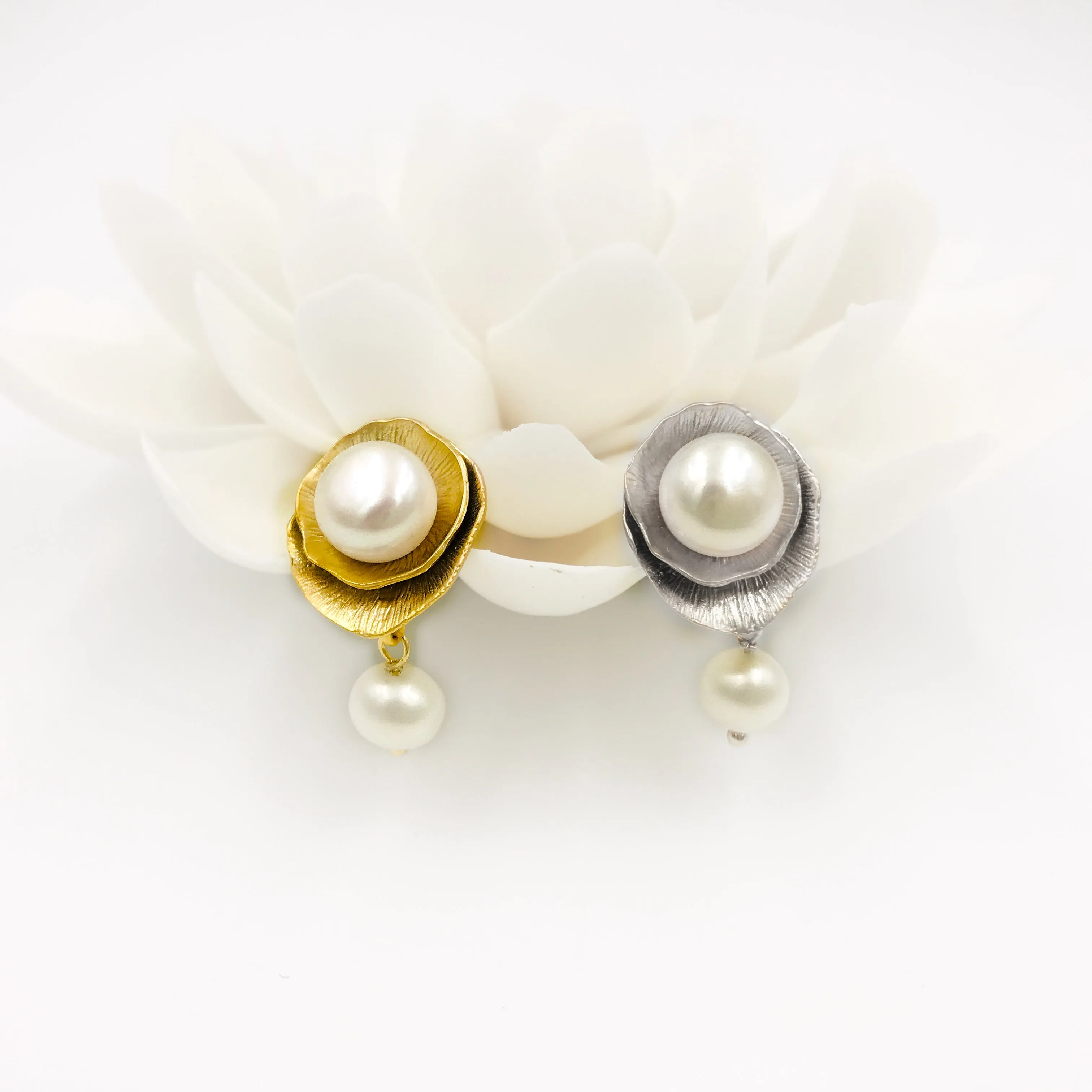 Lotus Leaf Pearl Stud Earrings