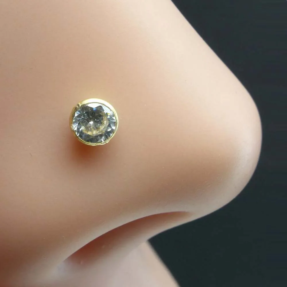 Lovely White CZ Piercing Nose Stud Solid Real 14k Yellow Gold Screw Back 18g