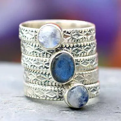 ‘Love’s Imagination’ 5 Stacking Rings (labradorite & rainbow moonstone)