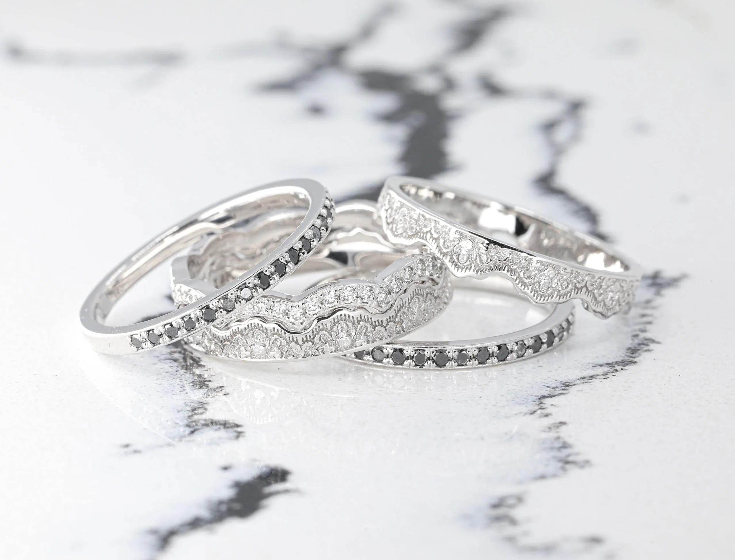 Maeve Lace Crown and Diamonds Stacking Wedding Ring Set