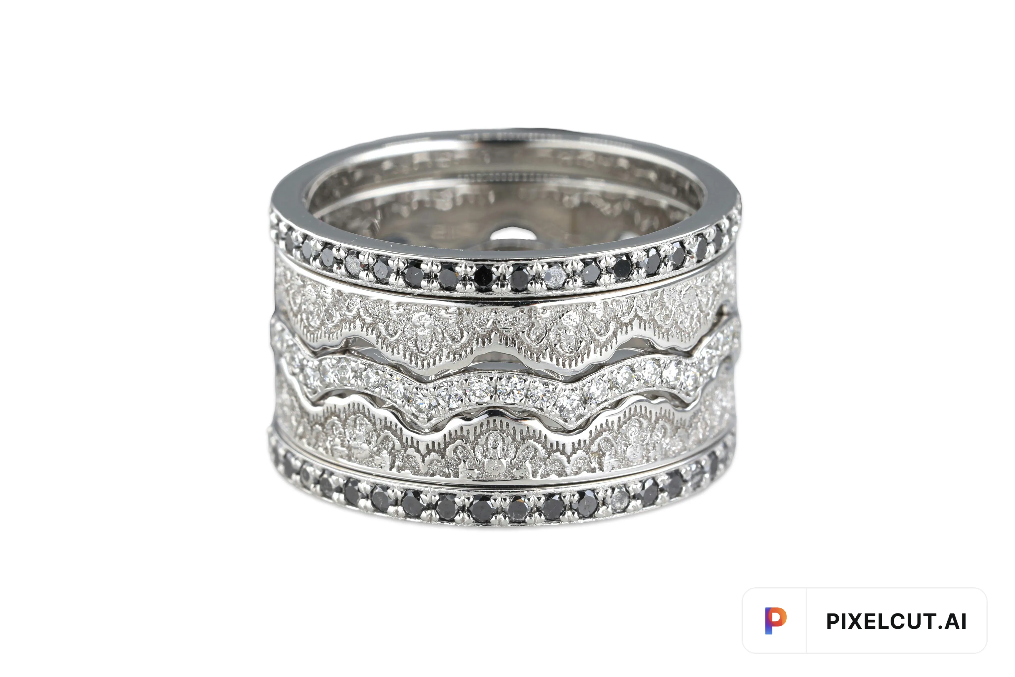 Maeve Lace Crown and Diamonds Stacking Wedding Ring Set