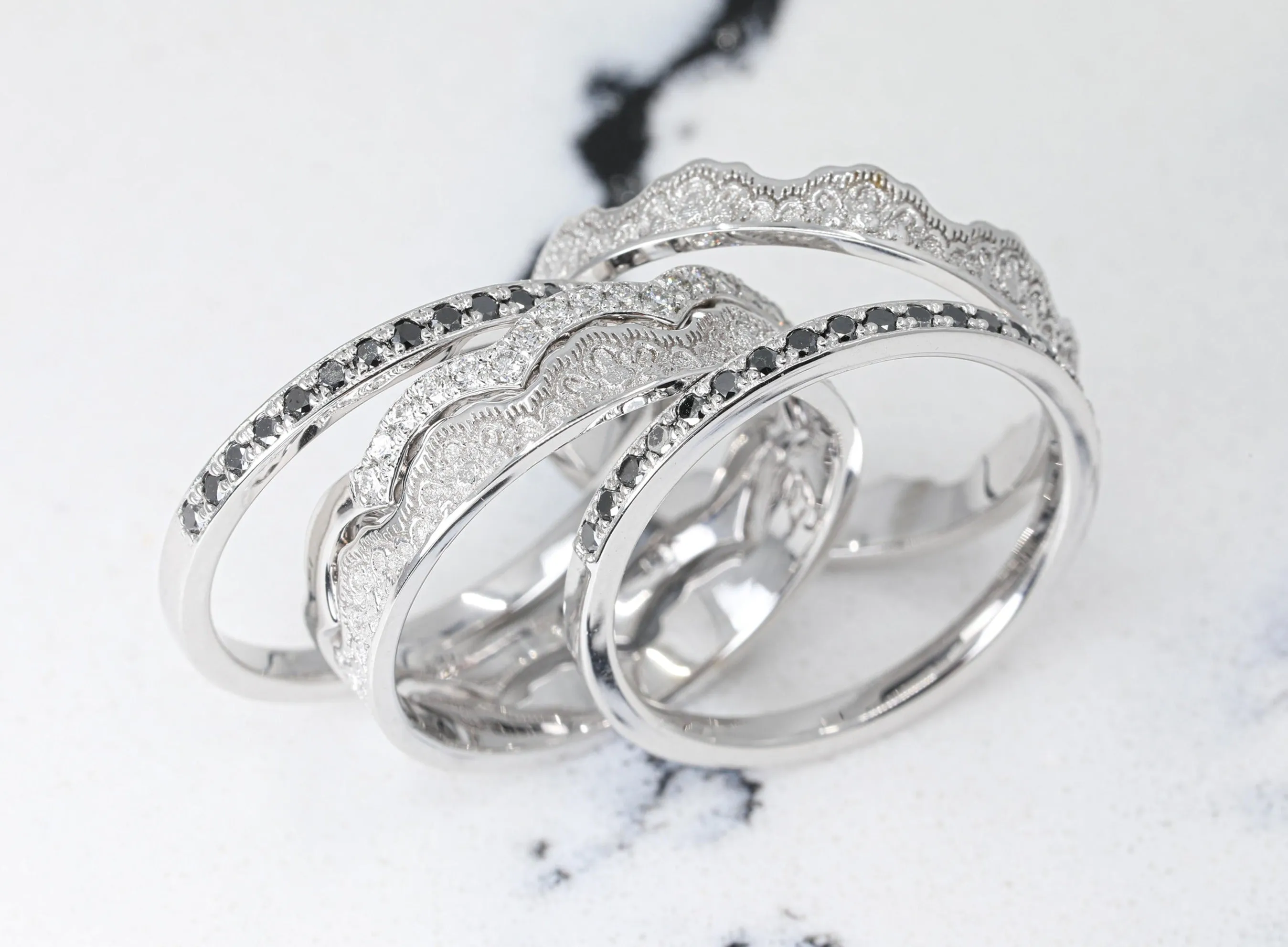 Maeve Lace Crown and Diamonds Stacking Wedding Ring Set