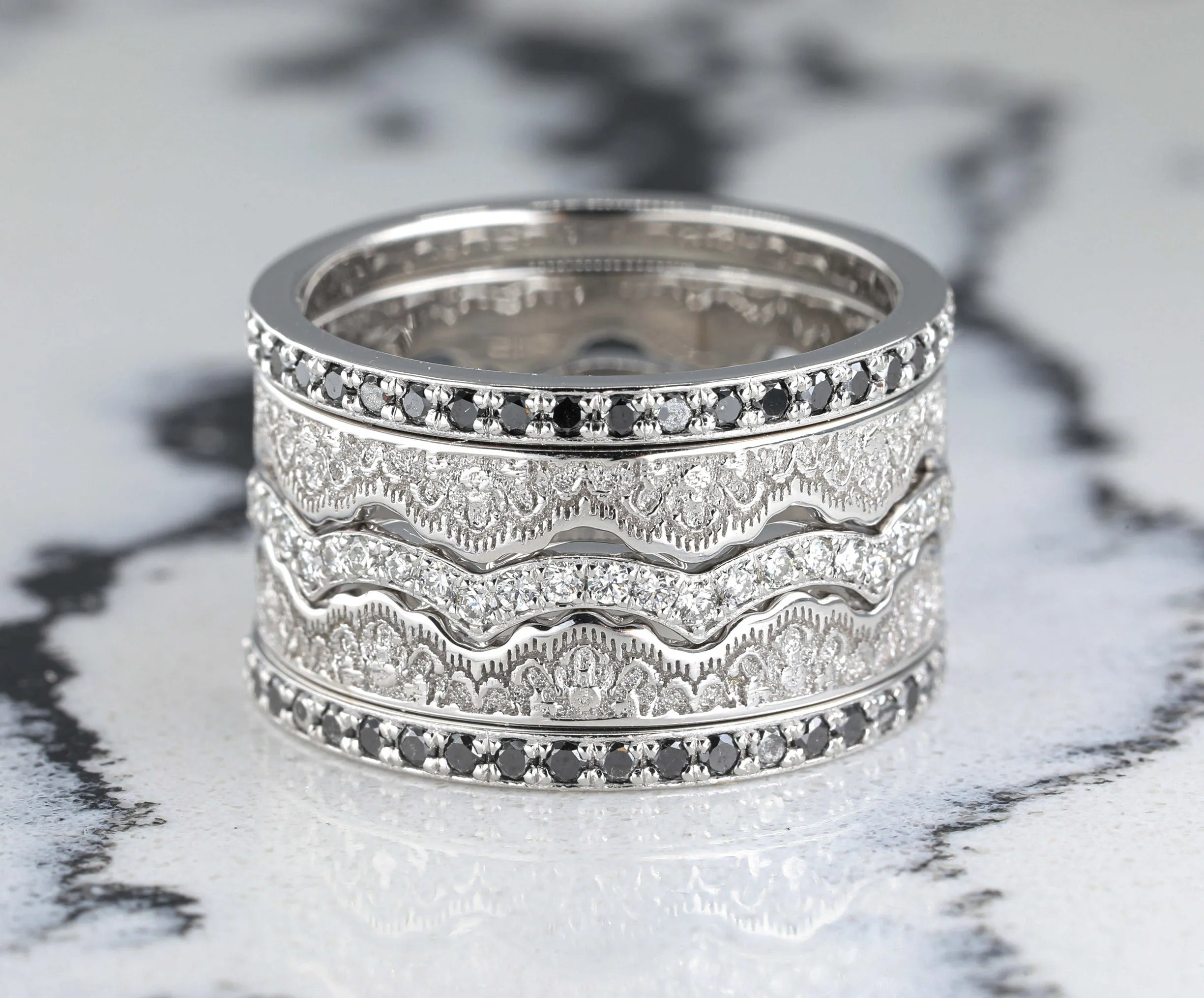 Maeve Lace Crown and Diamonds Stacking Wedding Ring Set