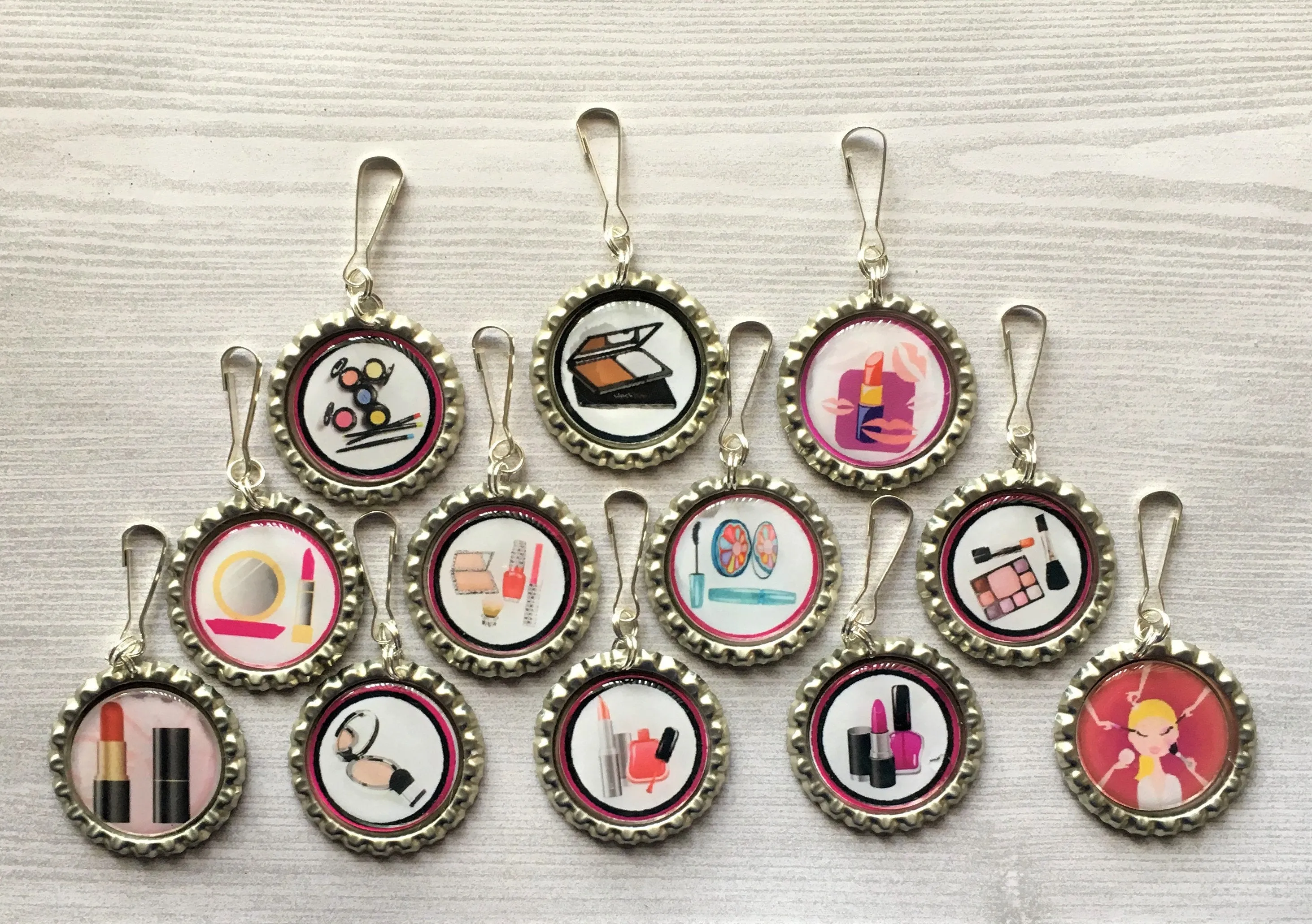 Makeup Themed Zipper Pull Charms, Set of 12