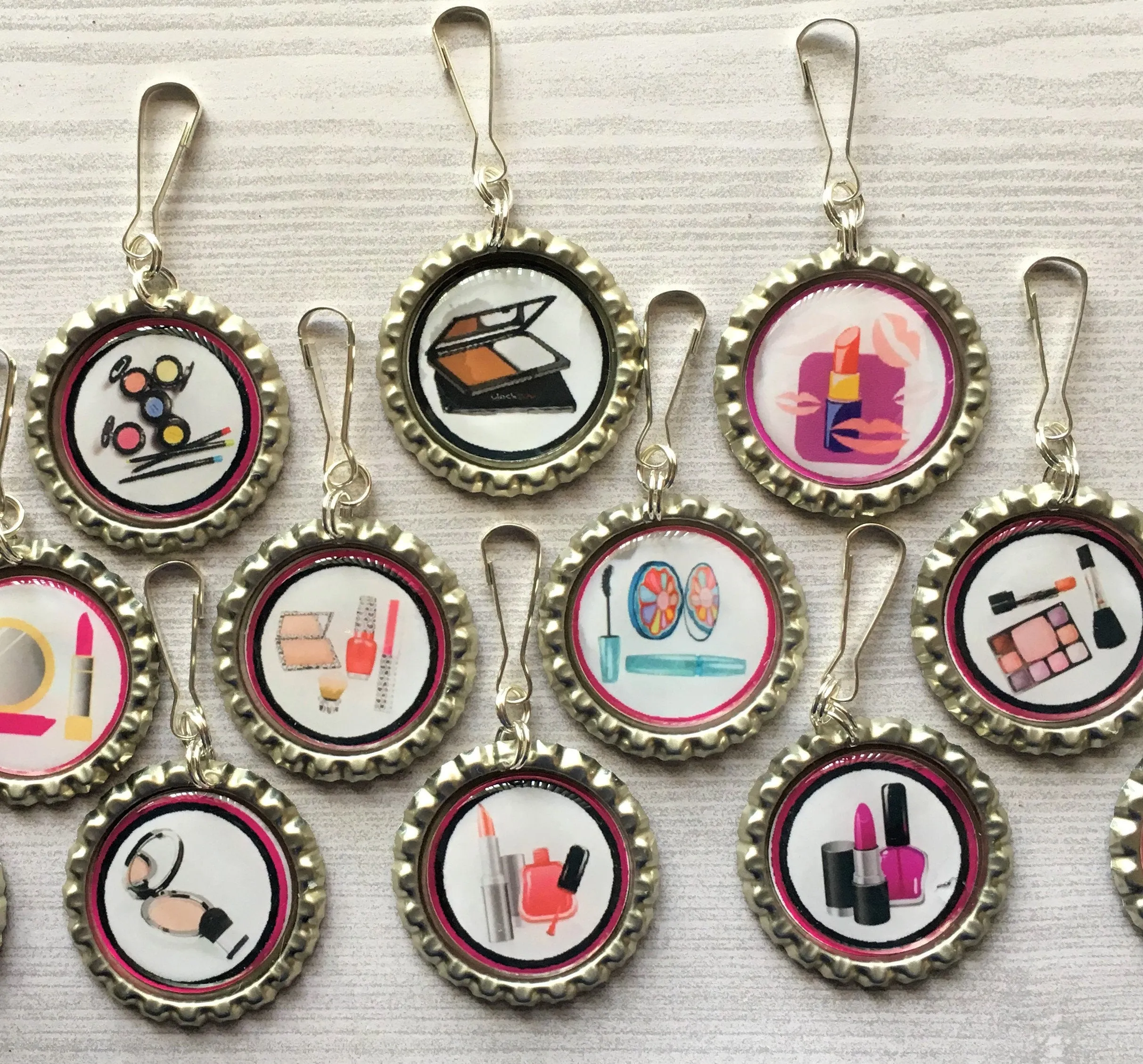 Makeup Themed Zipper Pull Charms, Set of 12