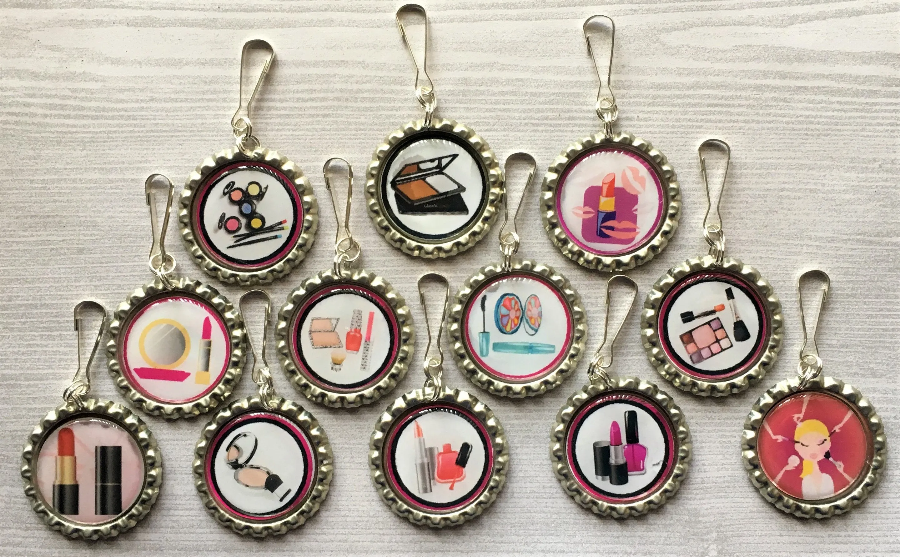 Makeup Themed Zipper Pull Charms, Set of 12