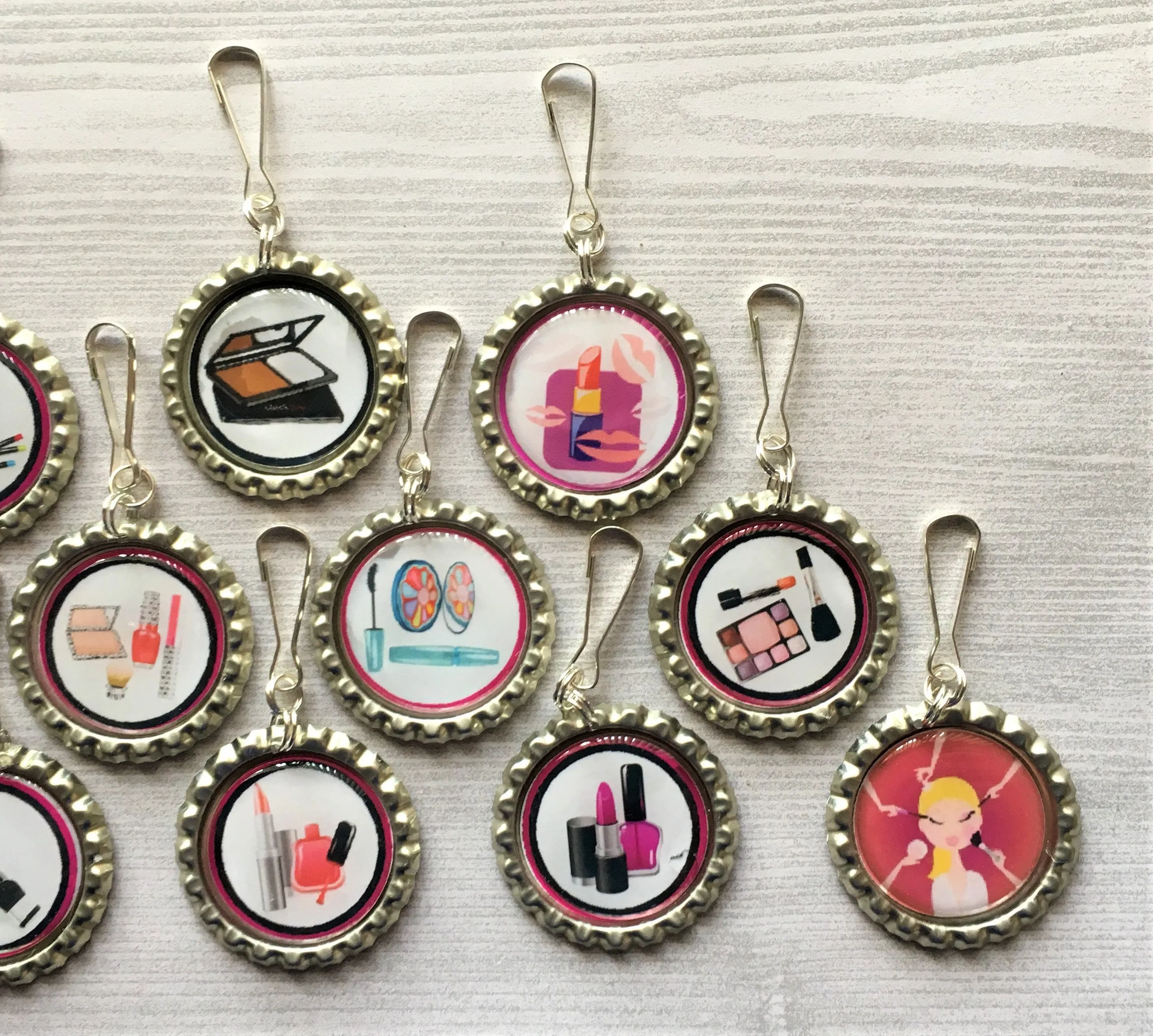Makeup Themed Zipper Pull Charms, Set of 12
