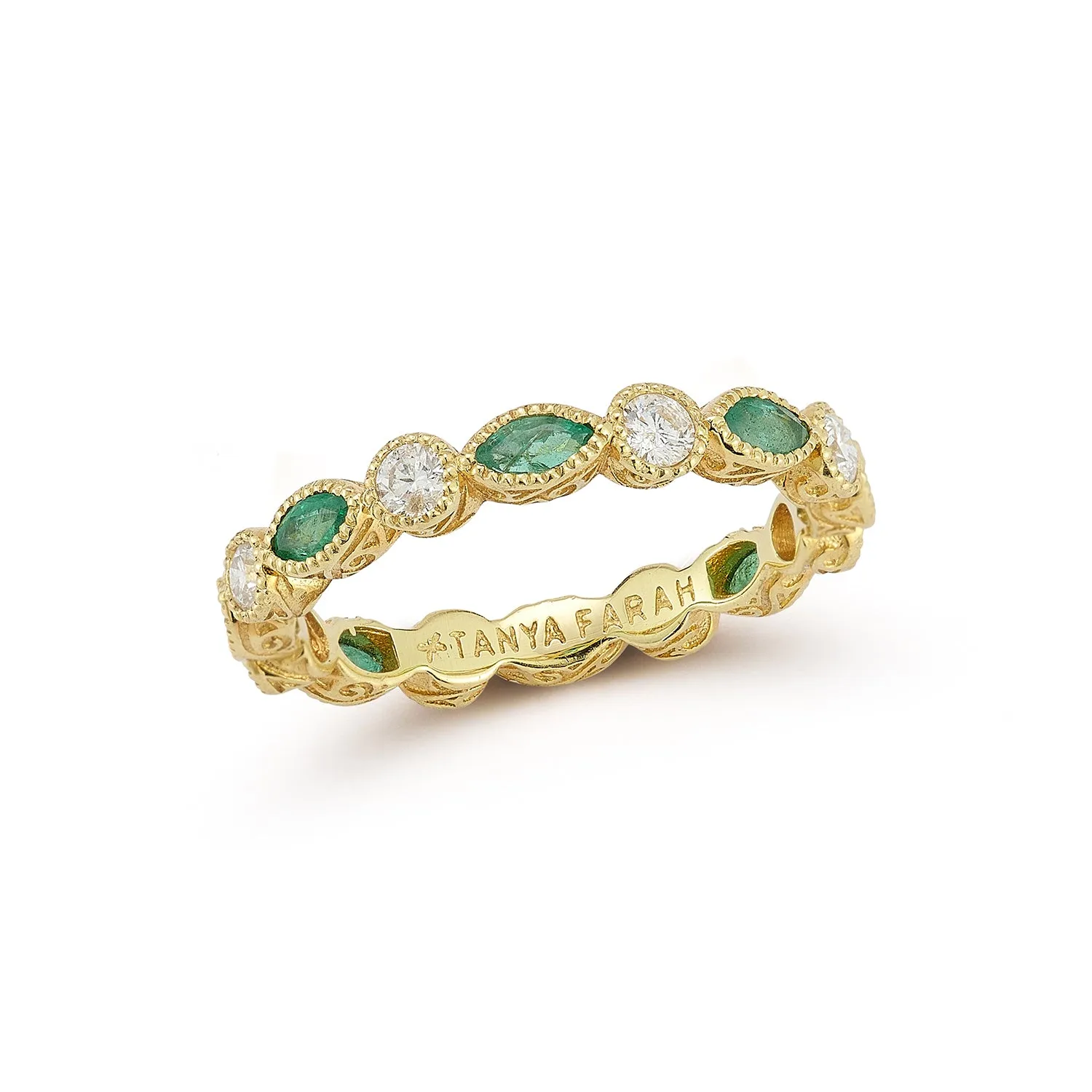 Marquise Emerald & Round Diamond Bezel Stack Ring