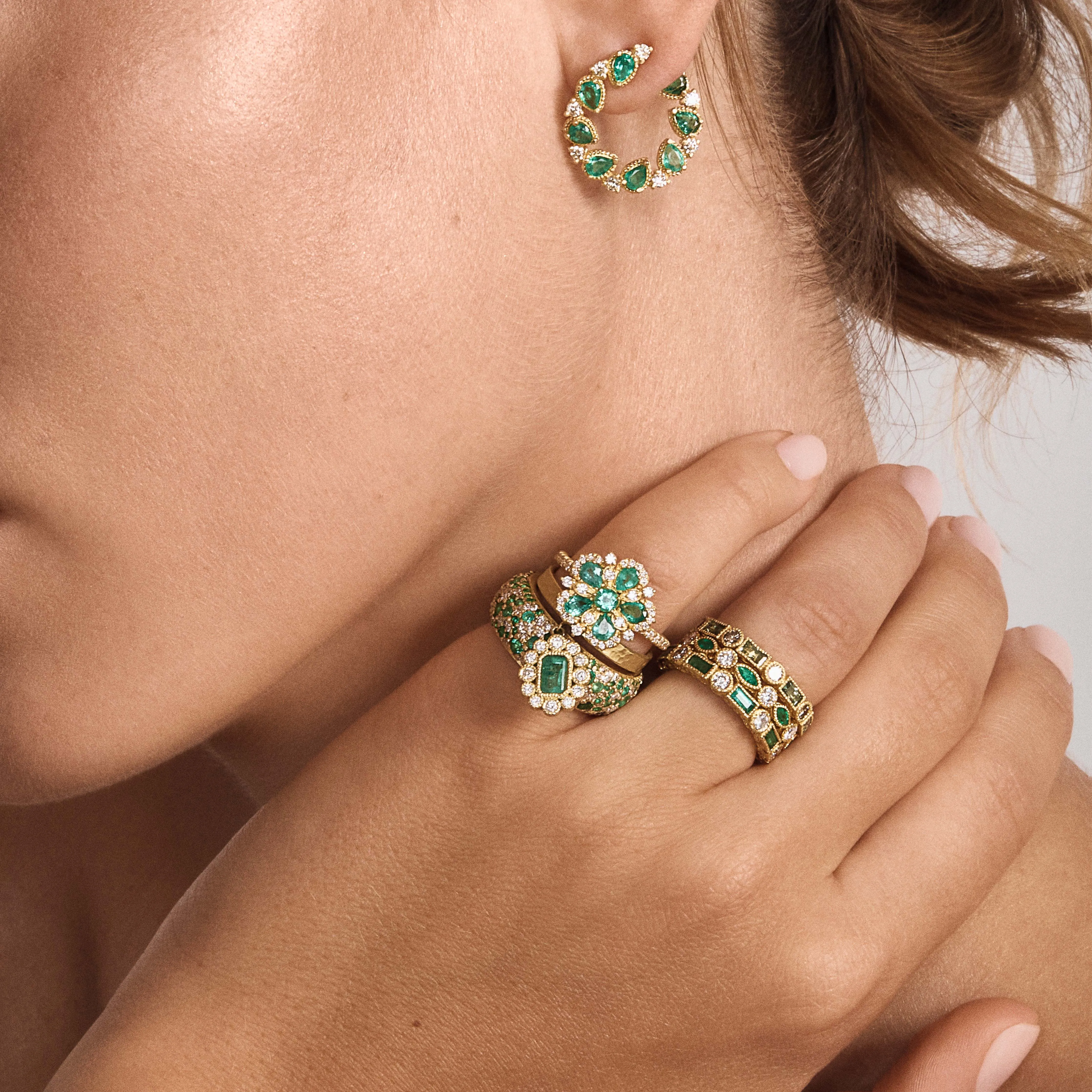 Marquise Emerald & Round Diamond Bezel Stack Ring