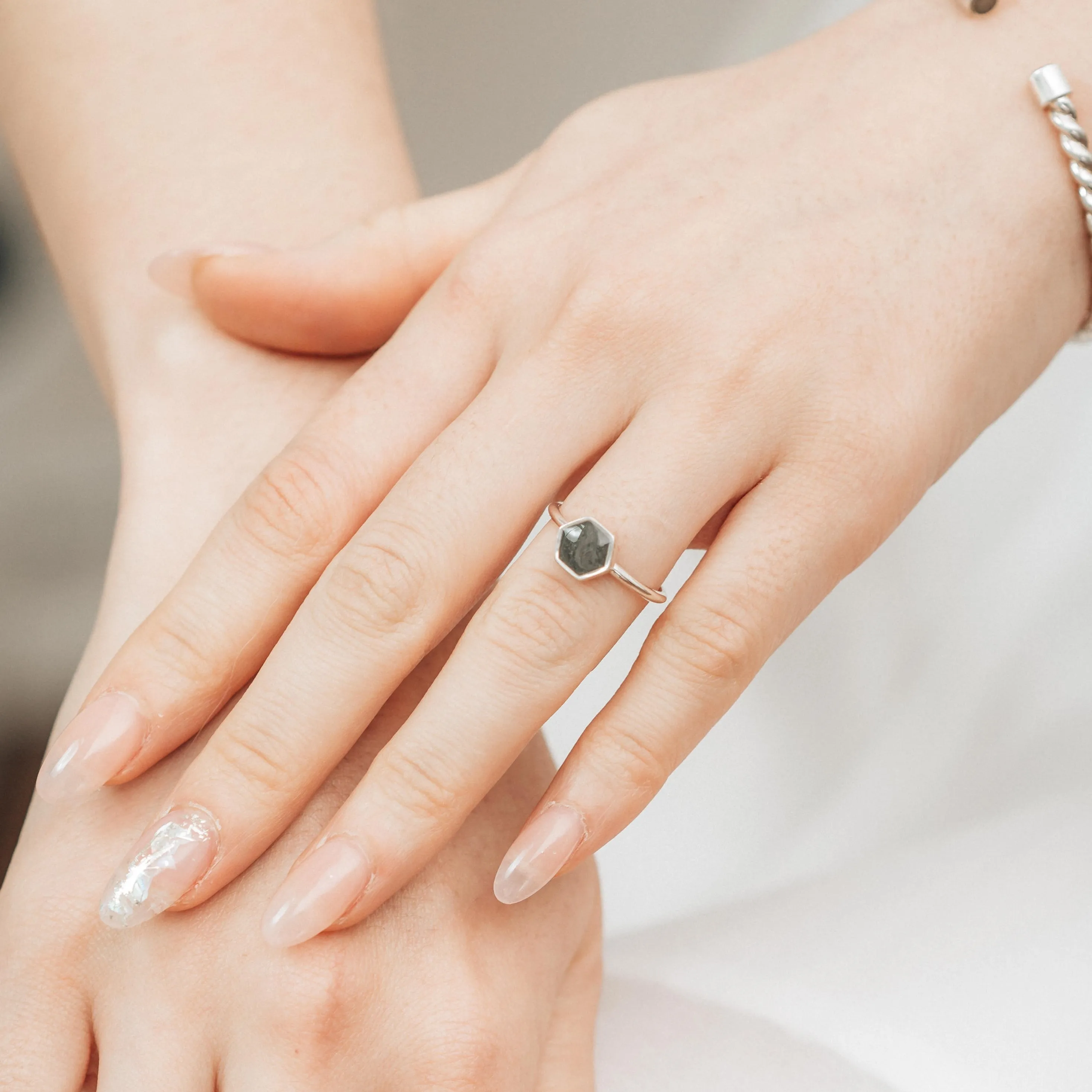 Medium Hexagon Stacking Cremation Ring in 14K White Gold