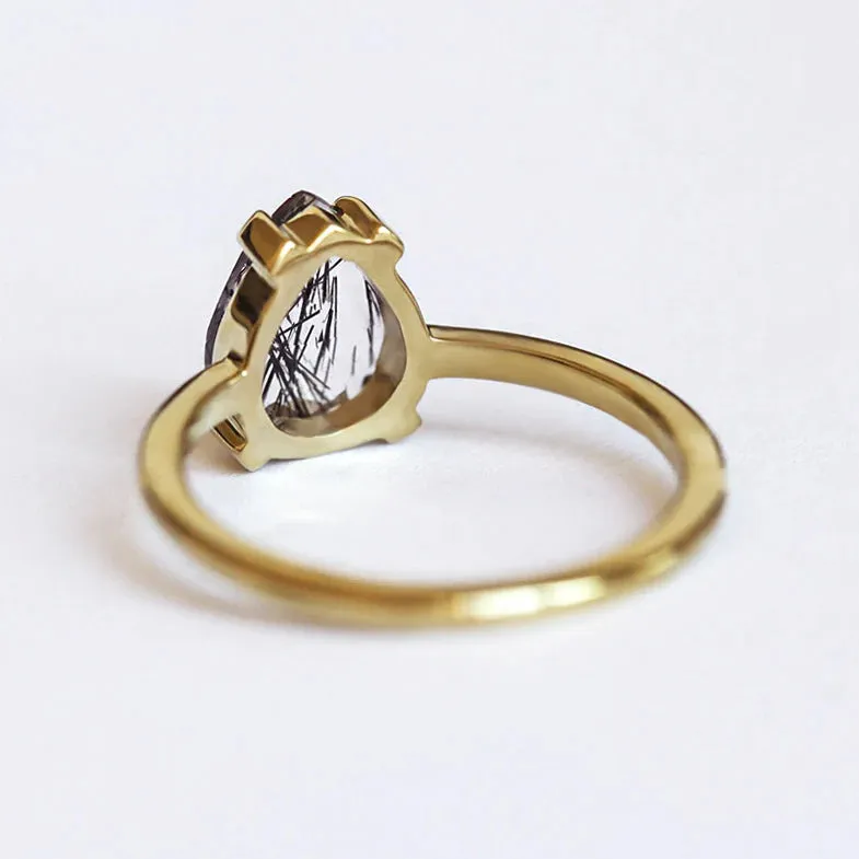 Melinda Ring Set with Pear Black Rutile Quartz and Moissanite Stacking Band