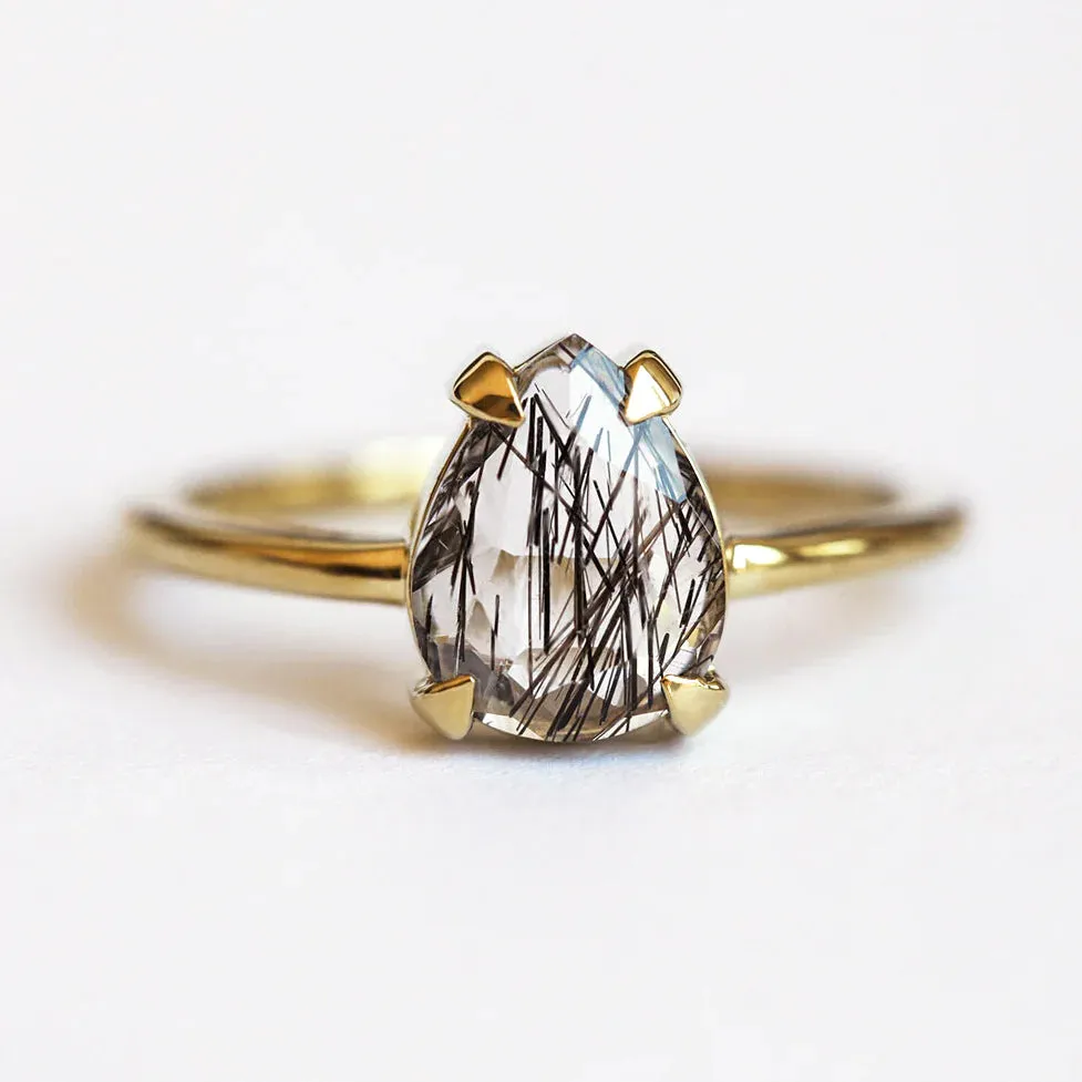 Melinda Ring Set with Pear Black Rutile Quartz and Moissanite Stacking Band