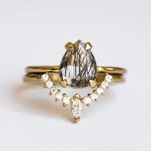 Melinda Ring Set with Pear Black Rutile Quartz and Moissanite Stacking Band