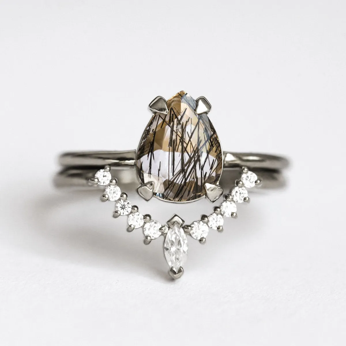 Melinda Ring Set with Pear Black Rutile Quartz and Moissanite Stacking Band